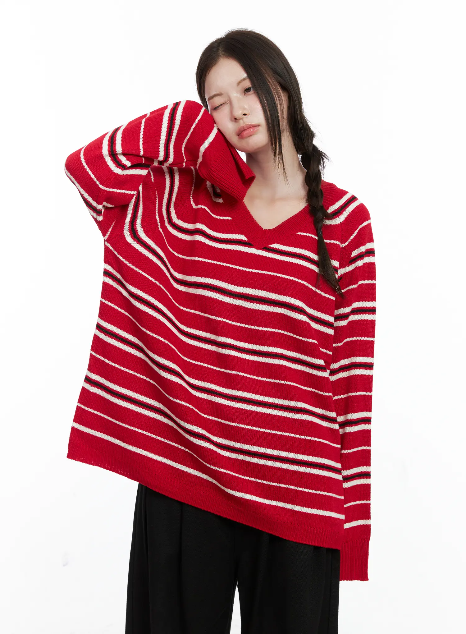 Oversized V-Neck Striped Knit Sweater CO503 - Image 5