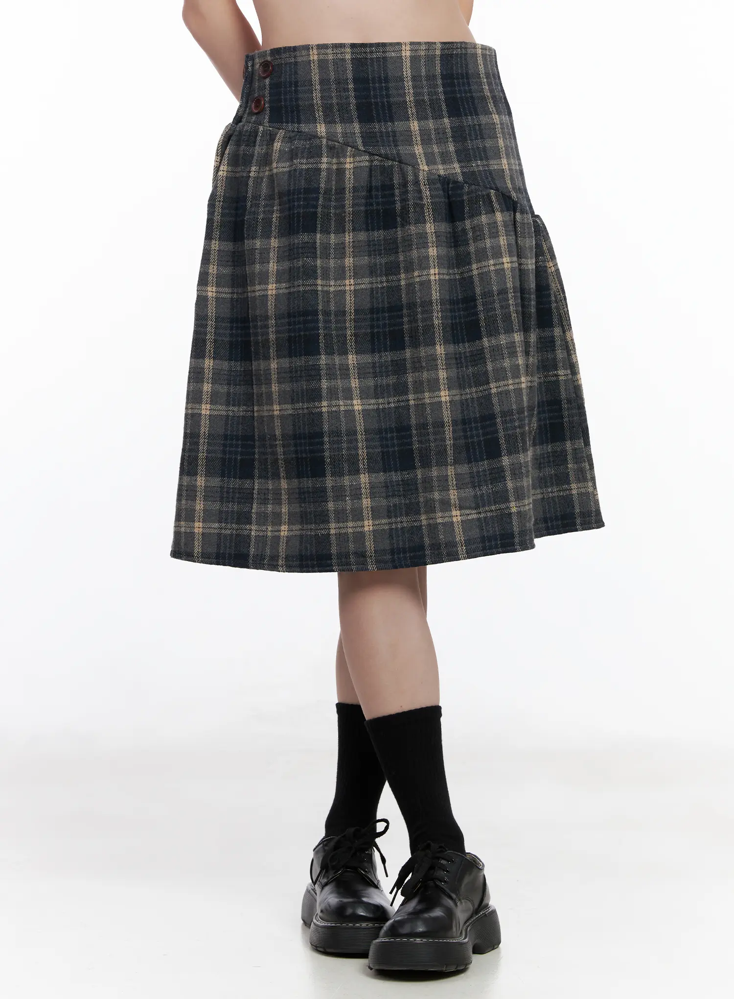 Plaid Button Detail Flare Midi Skirt CJ520 - Image 2