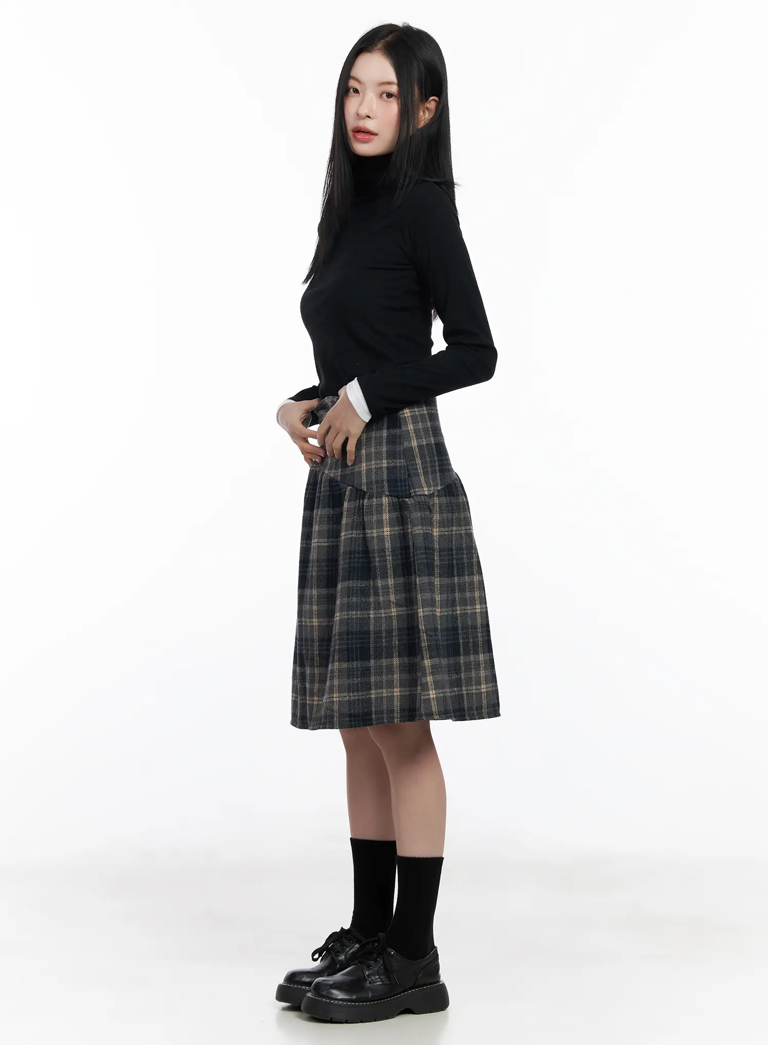Plaid Button Detail Flare Midi Skirt CJ520 - Image 7