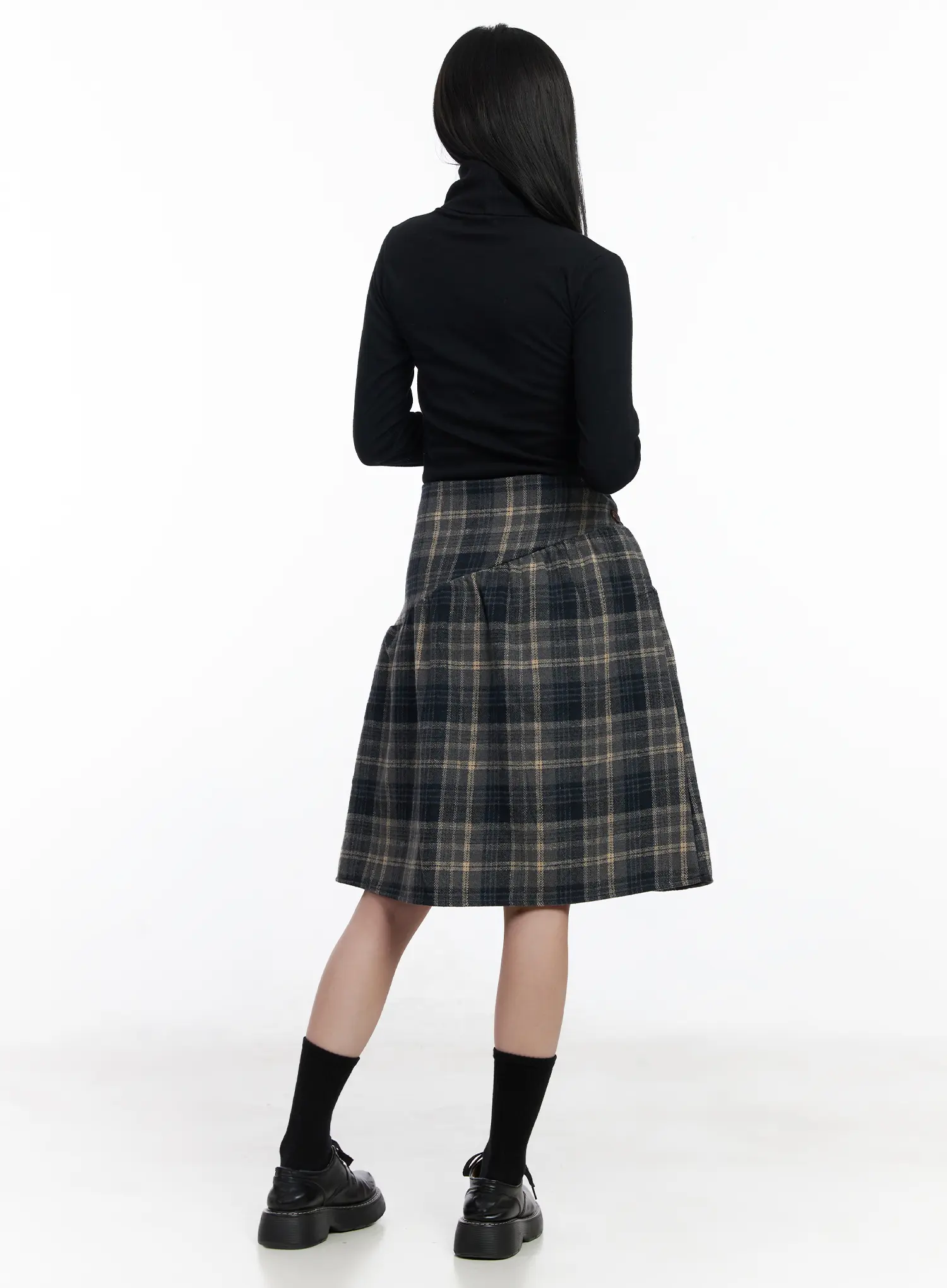 Plaid Button Detail Flare Midi Skirt CJ520 - Image 8