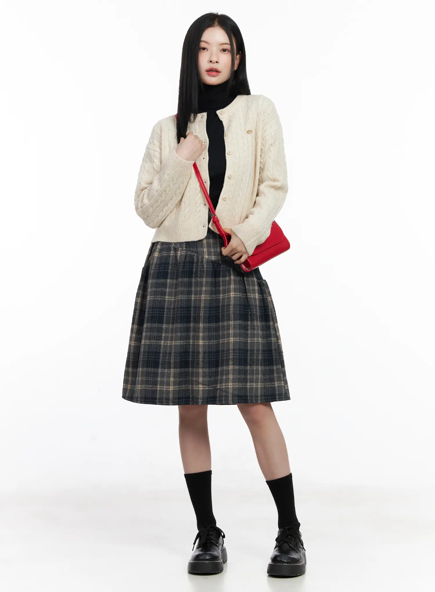 Plaid Button Detail Flare Midi Skirt CJ520 - Image 9