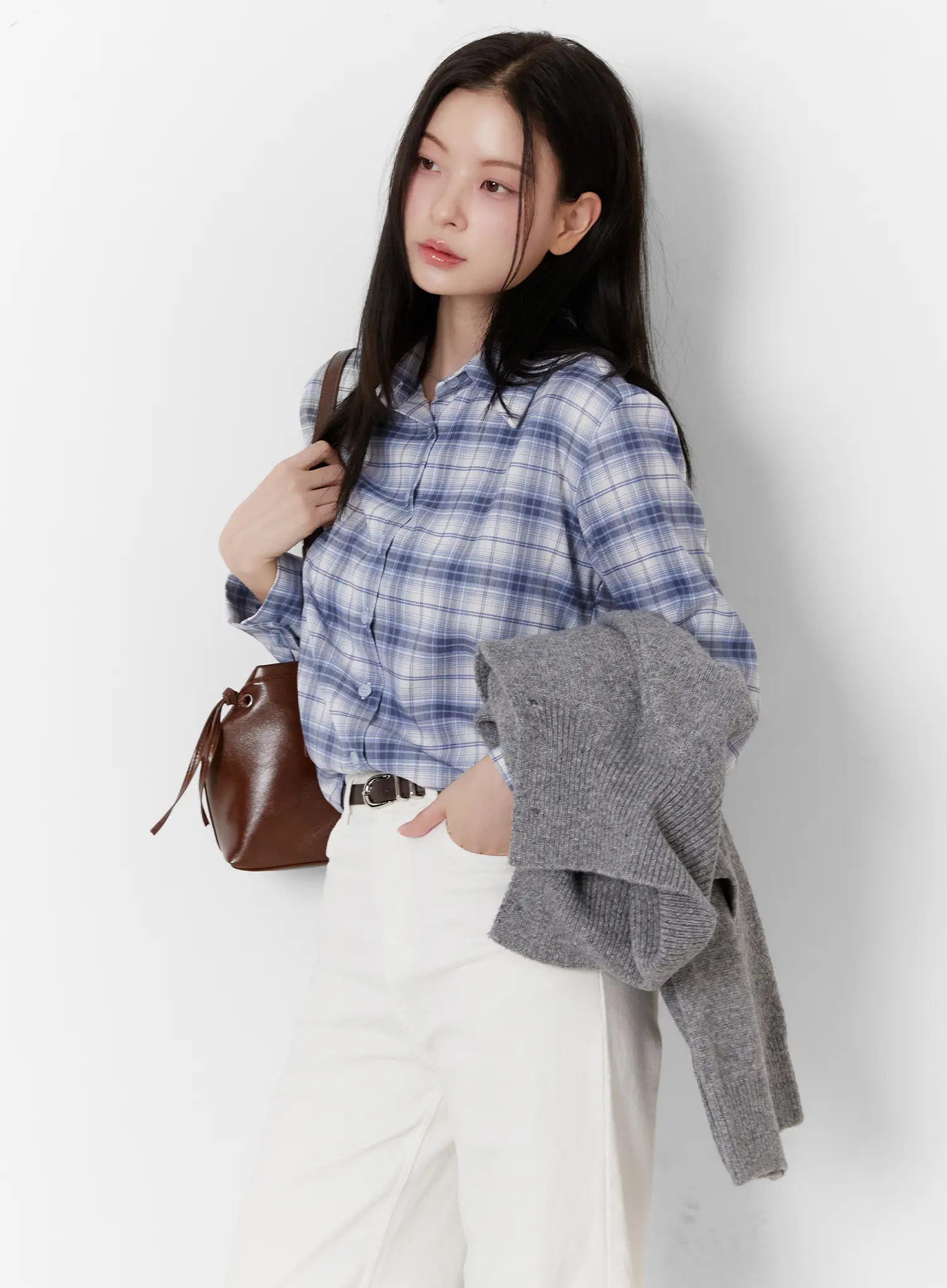 Plaid Crop Long Sleeve Shirt F502
