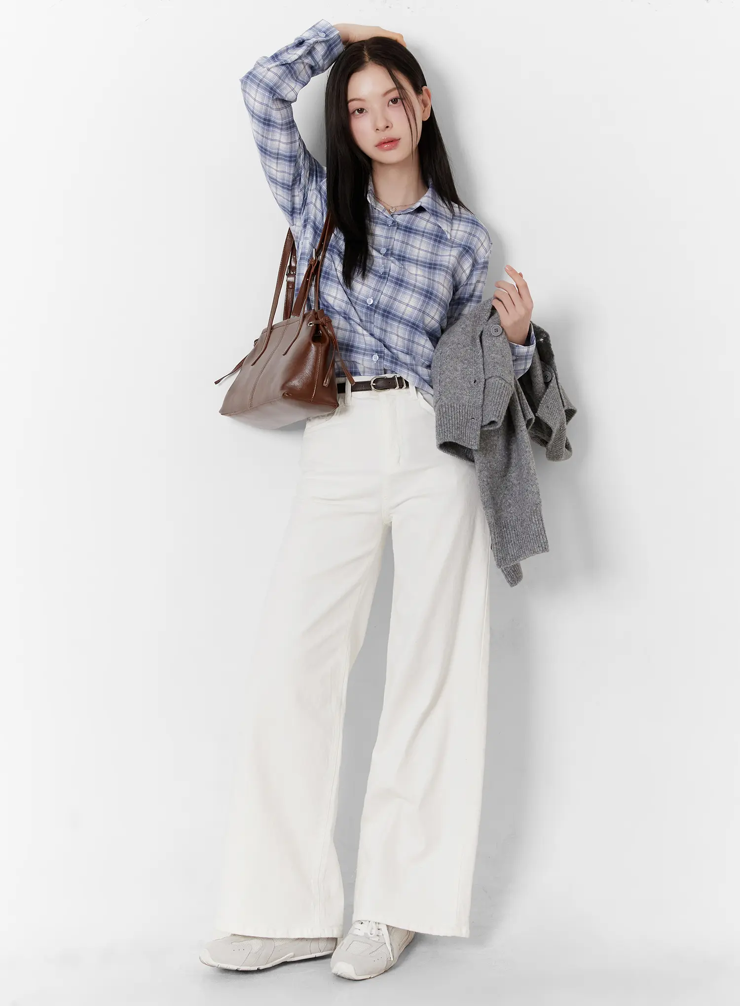 Plaid Crop Long Sleeve Shirt F502 - Image 3