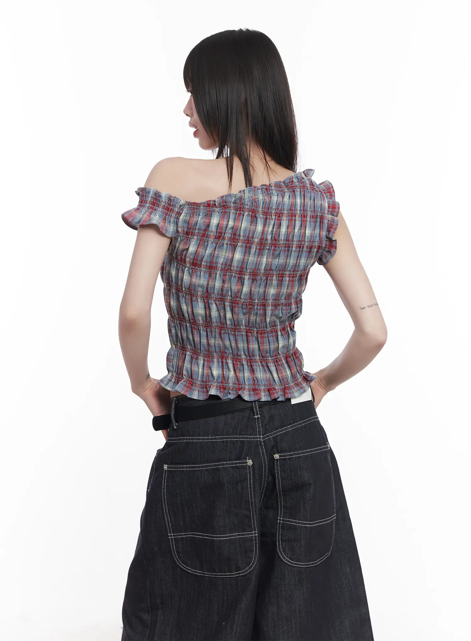 Plaid Frill One-Shoulder Crop Top CU519 - Image 6
