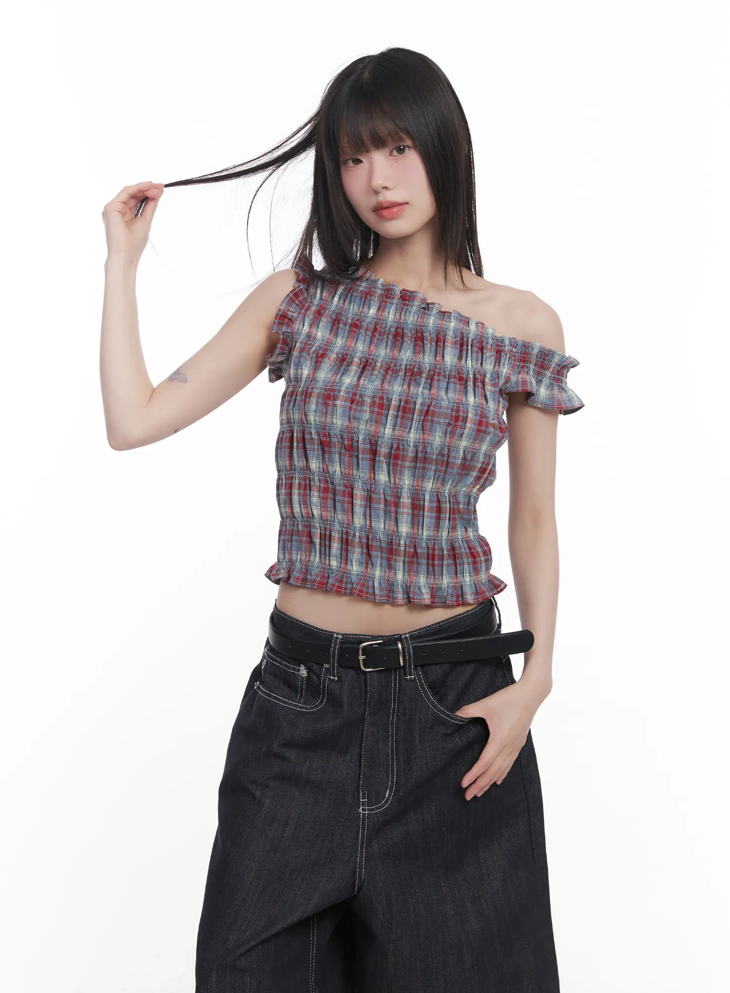 Plaid Frill One-Shoulder Crop Top CU519 - Image 8