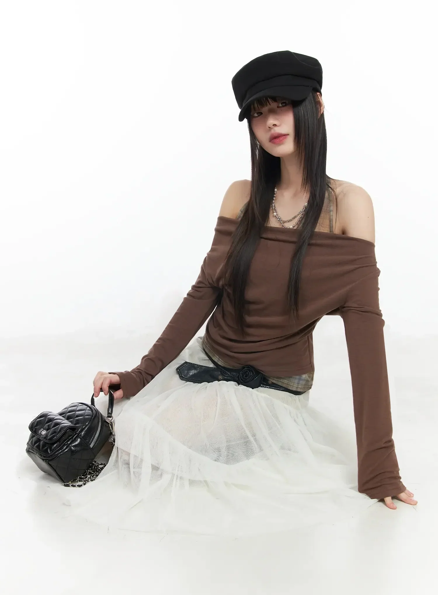 Plaid Layered Off-Shoulder Top IM523