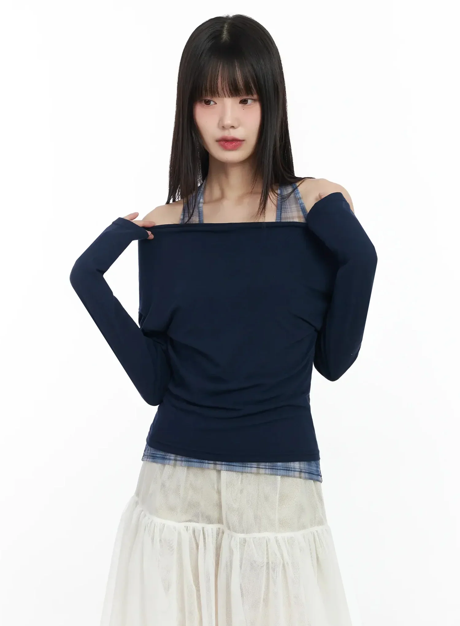Plaid Layered Off-Shoulder Top IM523 - Image 2