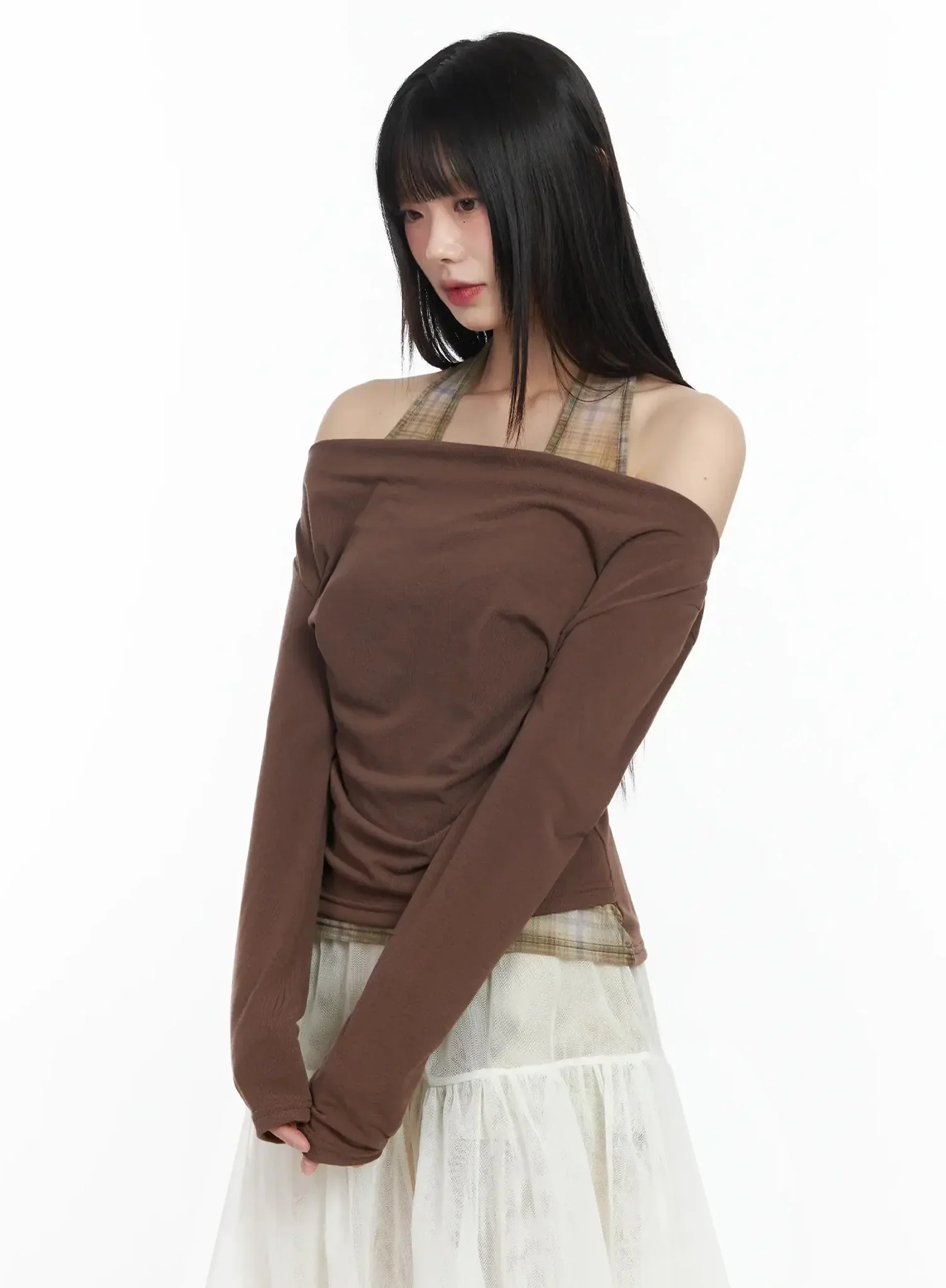 Plaid Layered Off-Shoulder Top IM523 - Image 3