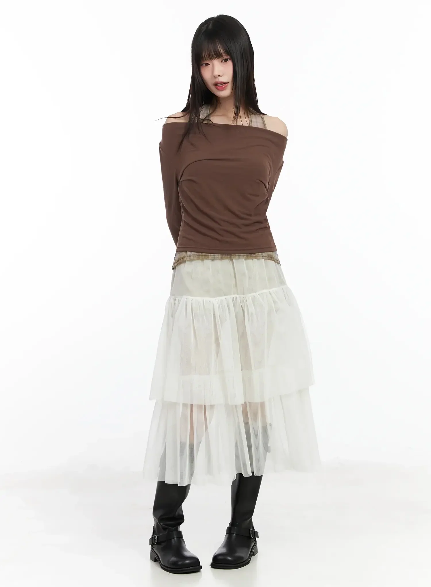 Plaid Layered Off-Shoulder Top IM523 - Image 6