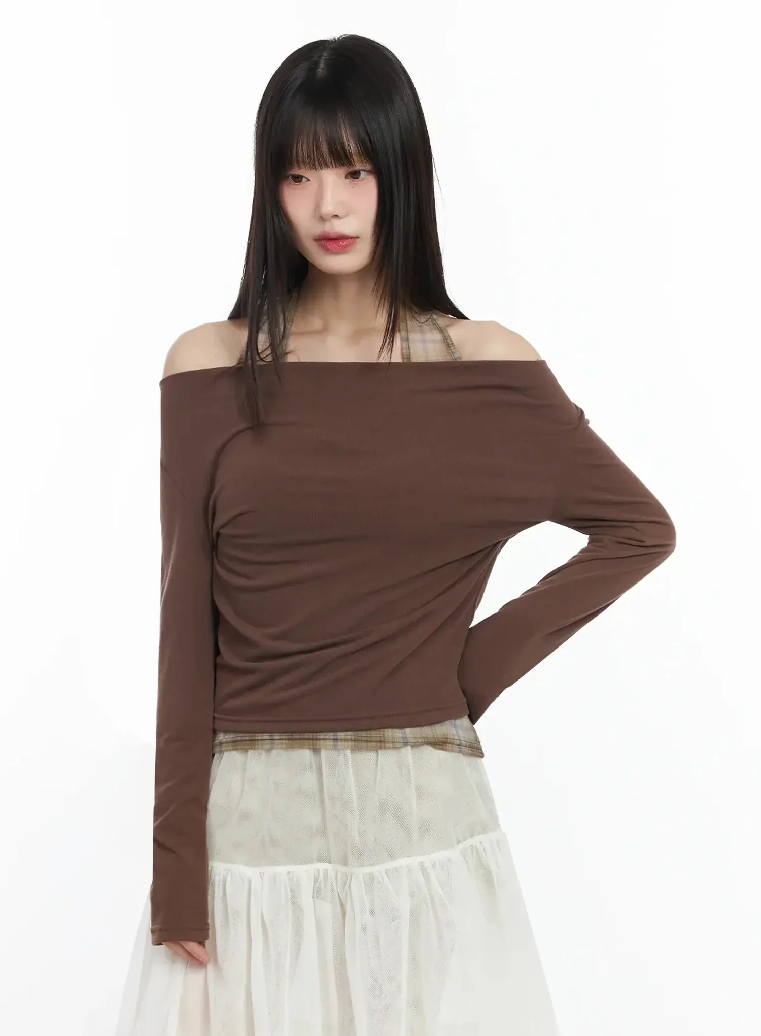 Plaid Layered Off-Shoulder Top IM523 - Image 7