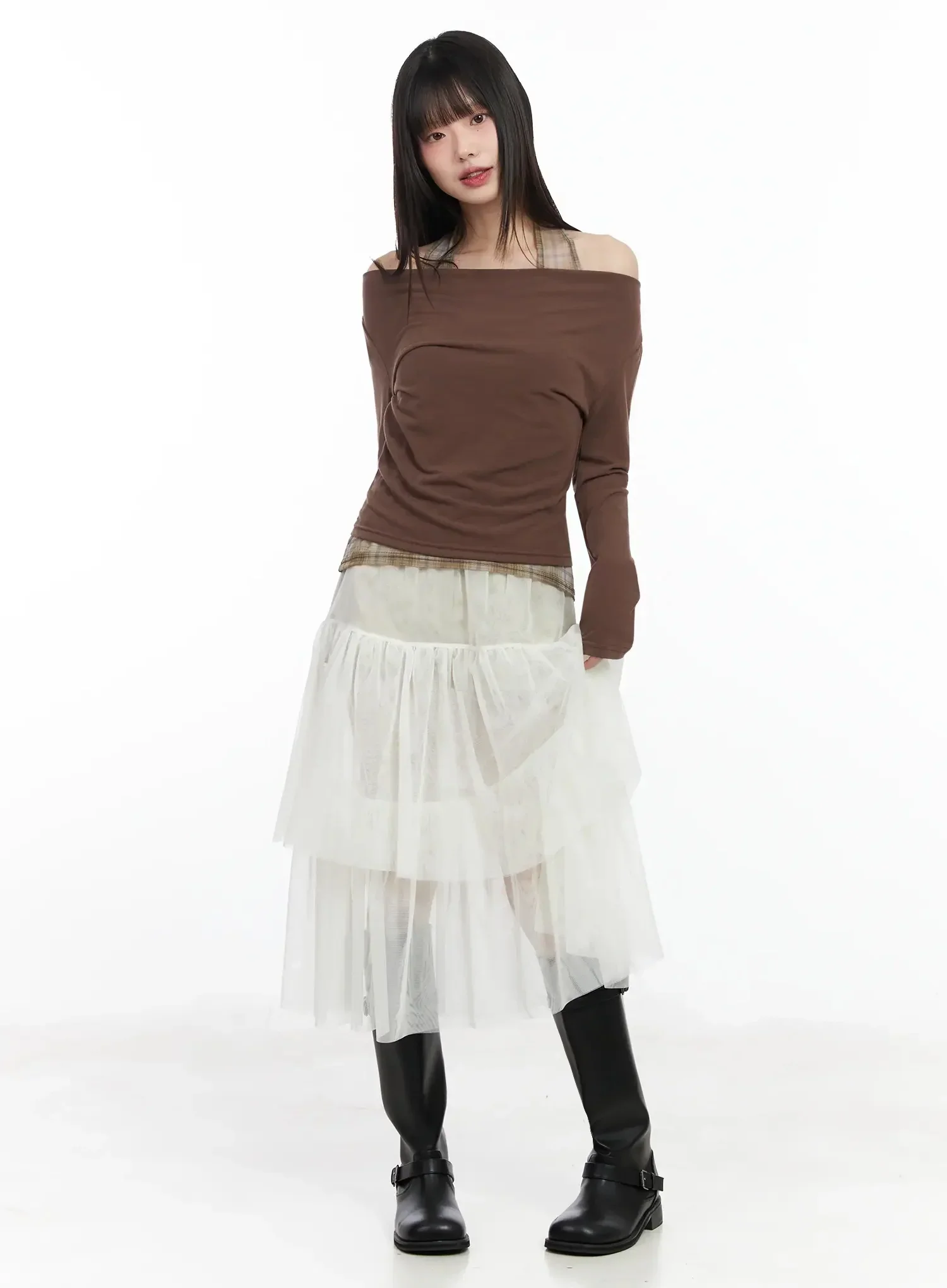 Plaid Layered Off-Shoulder Top IM523 - Image 9