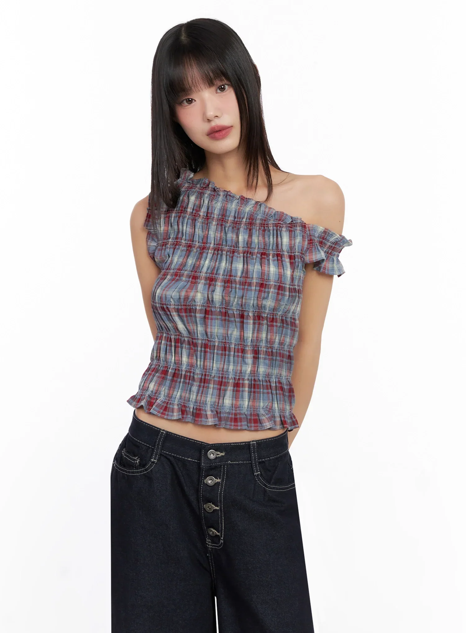 Plaid Off-Shoulder Blouse IN503 - Image 2