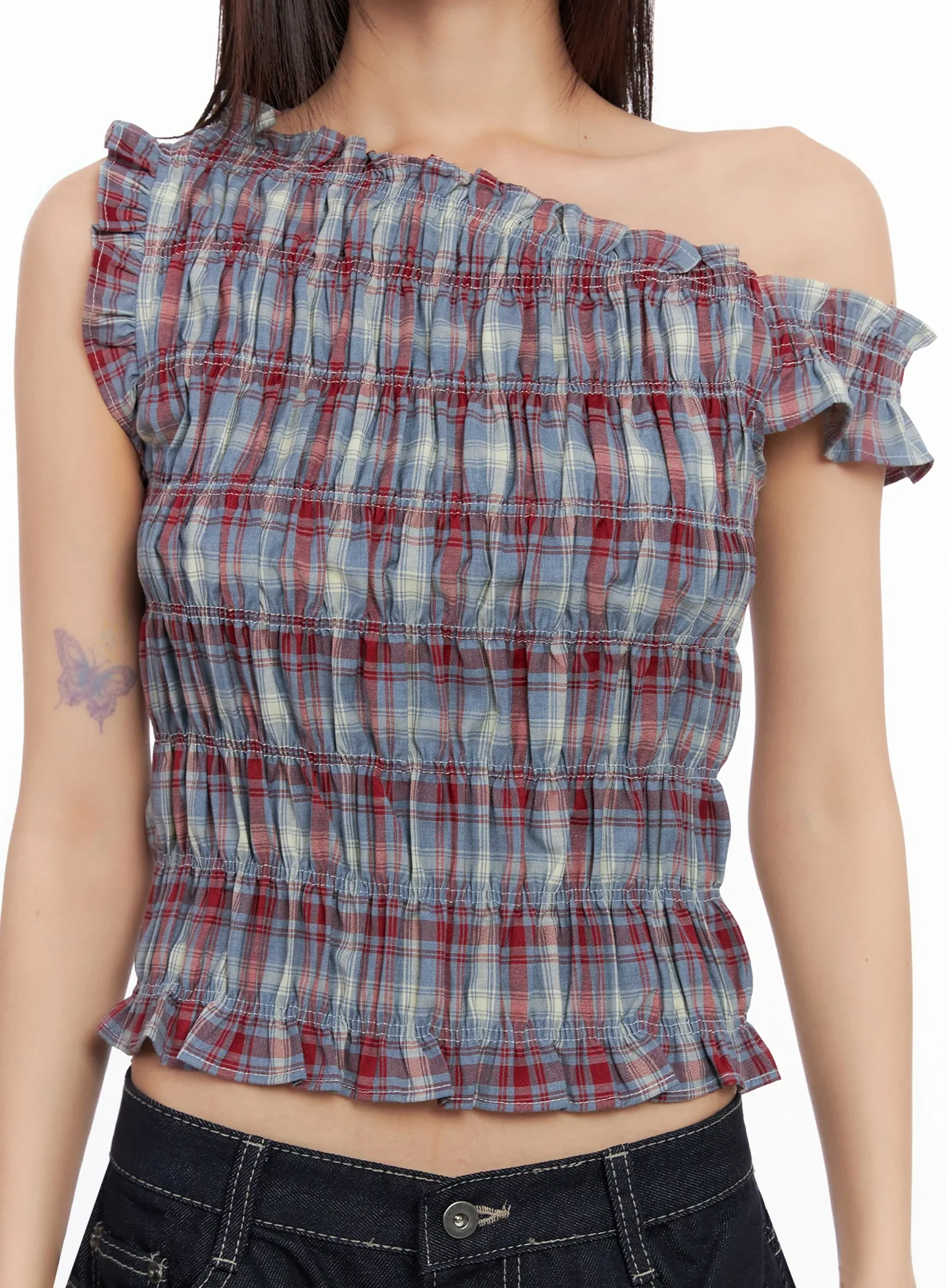 Plaid Off-Shoulder Blouse IN503 - Image 5
