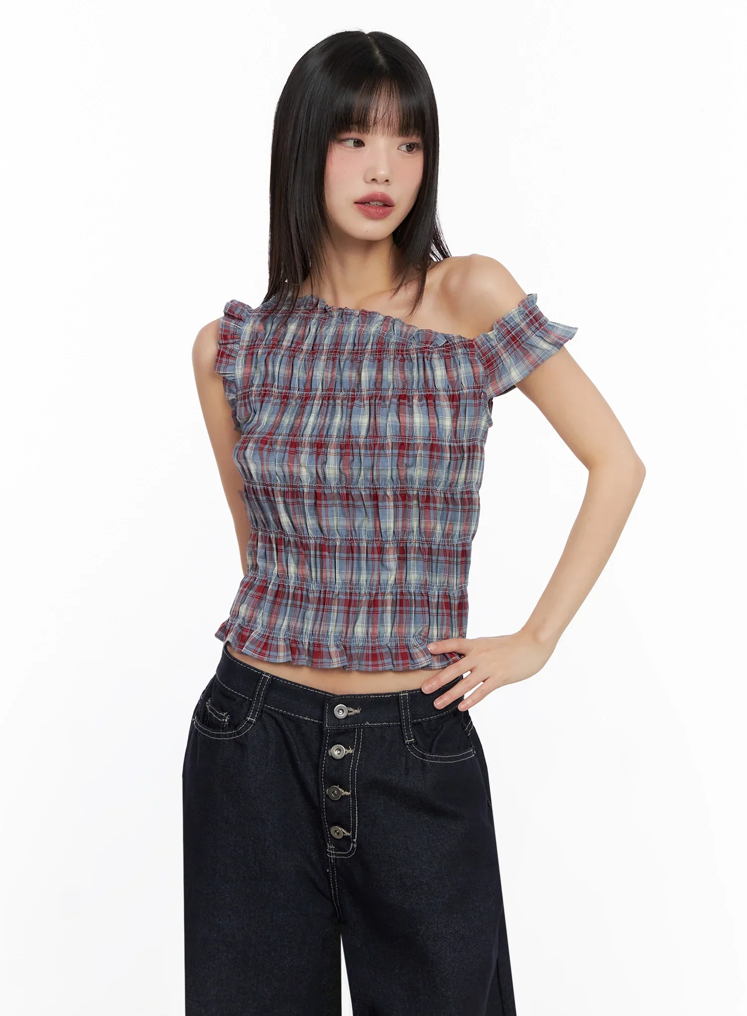 Plaid Off-Shoulder Blouse IN503 - Image 6