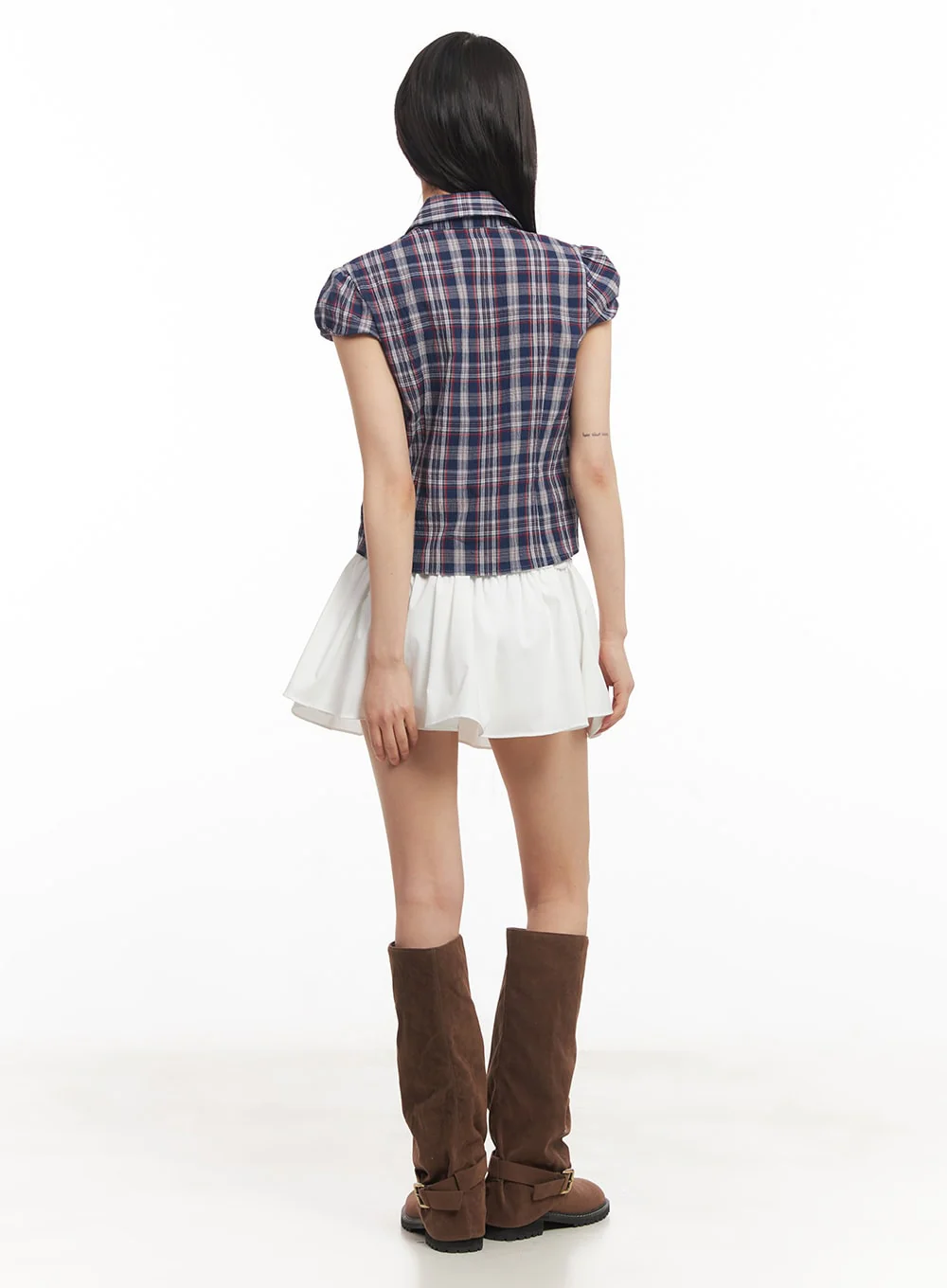 Plaid Puff Sleeve Cropped Shirt CA523 - Image 7