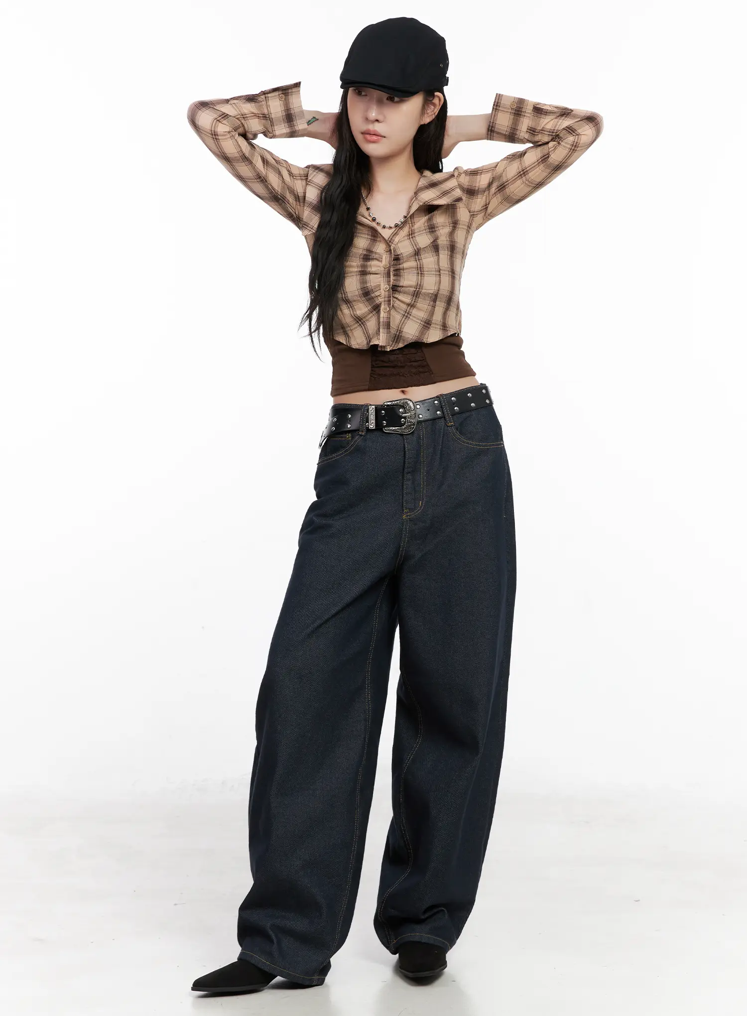 Plaid Shirred Crop Long Sleeve Shirt CN513 - Image 3
