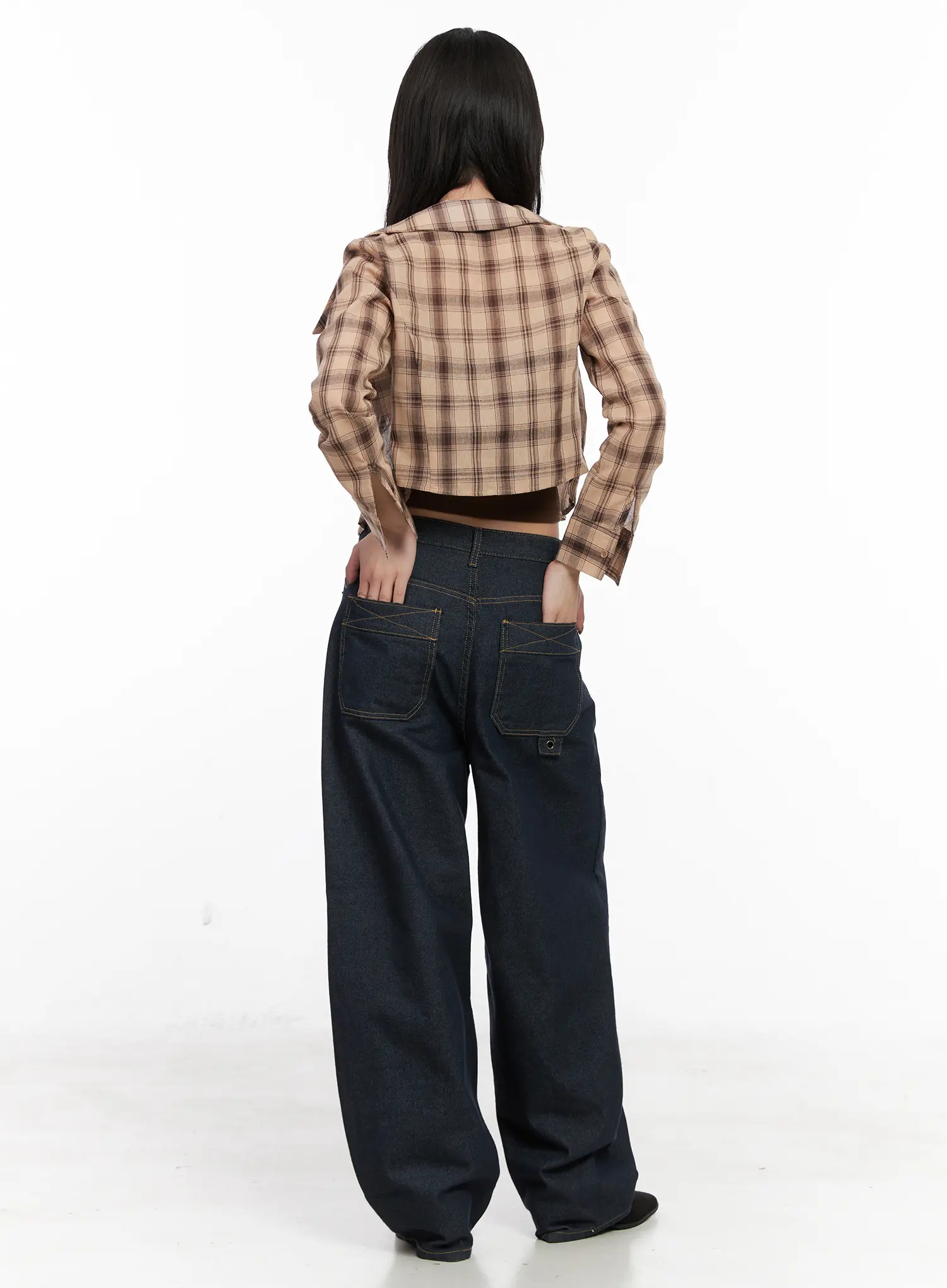 Plaid Shirred Crop Long Sleeve Shirt CN513 - Image 5