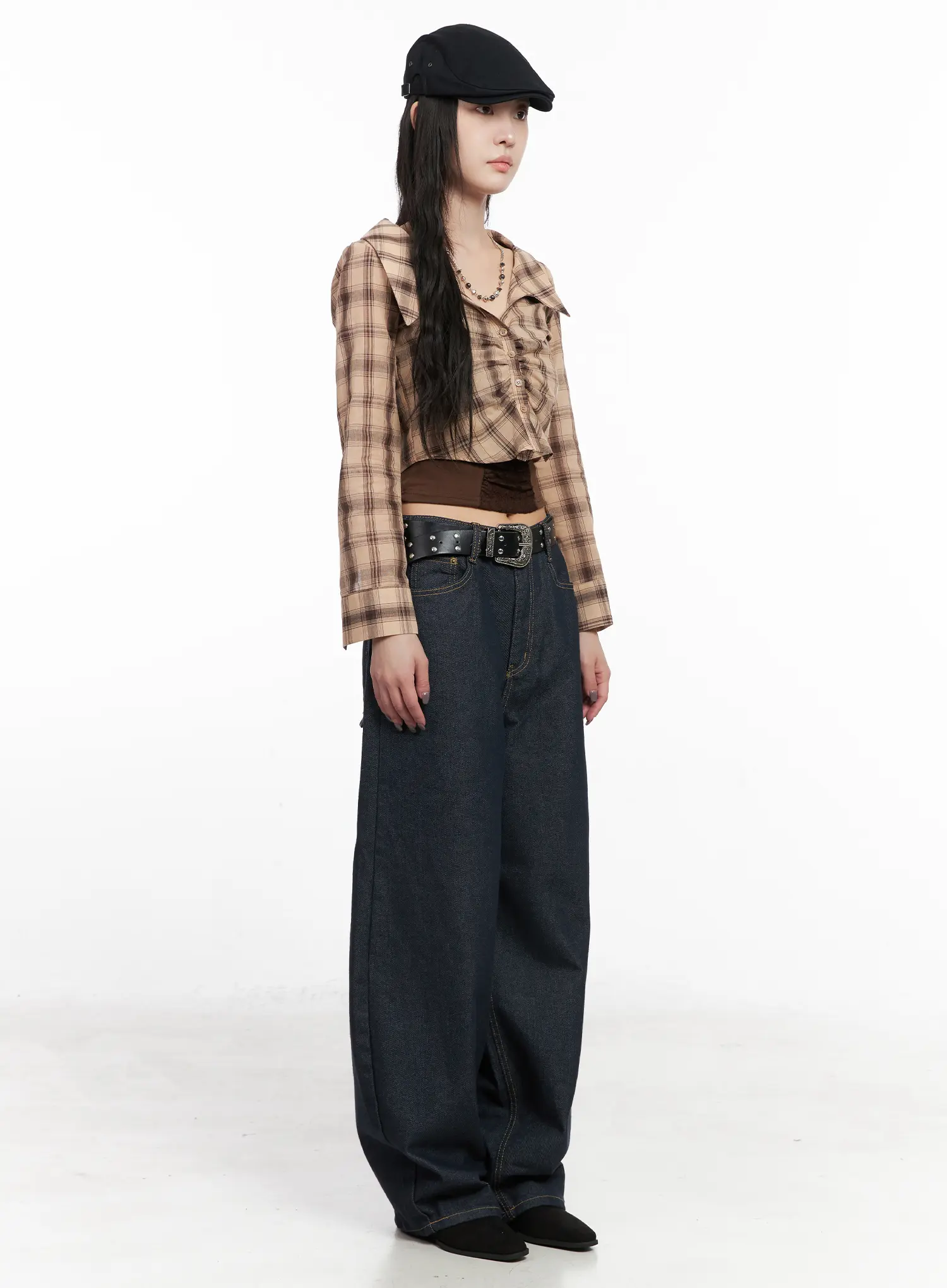 Plaid Shirred Crop Long Sleeve Shirt CN513 - Image 6