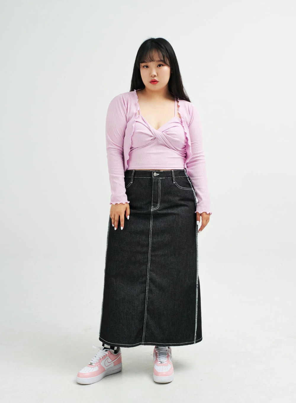 Plus Reverse Stitch Bleached Denim Maxi Skirt IY24 - Image 10