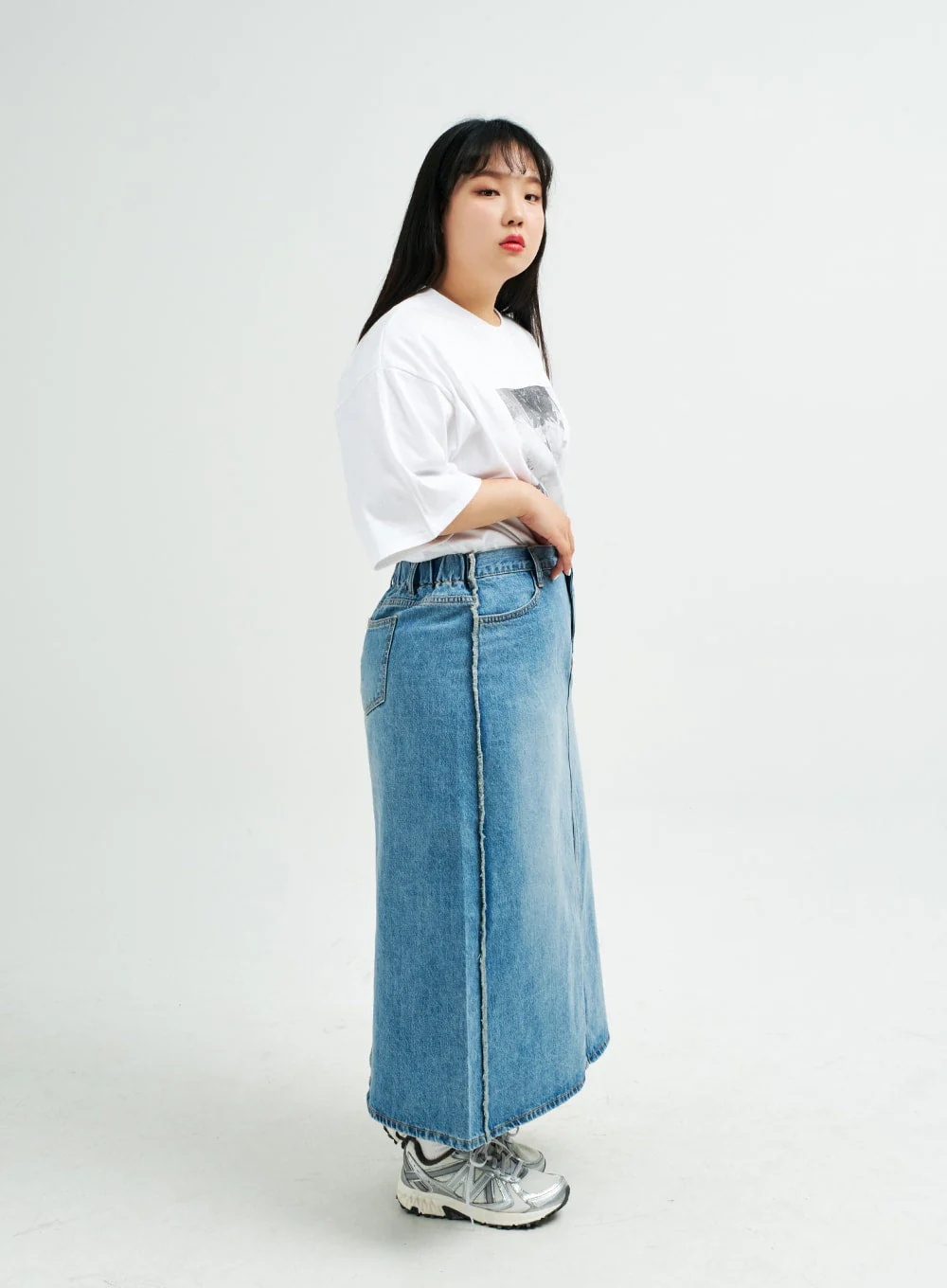 Plus Reverse Stitch Bleached Denim Maxi Skirt IY24 - Image 15