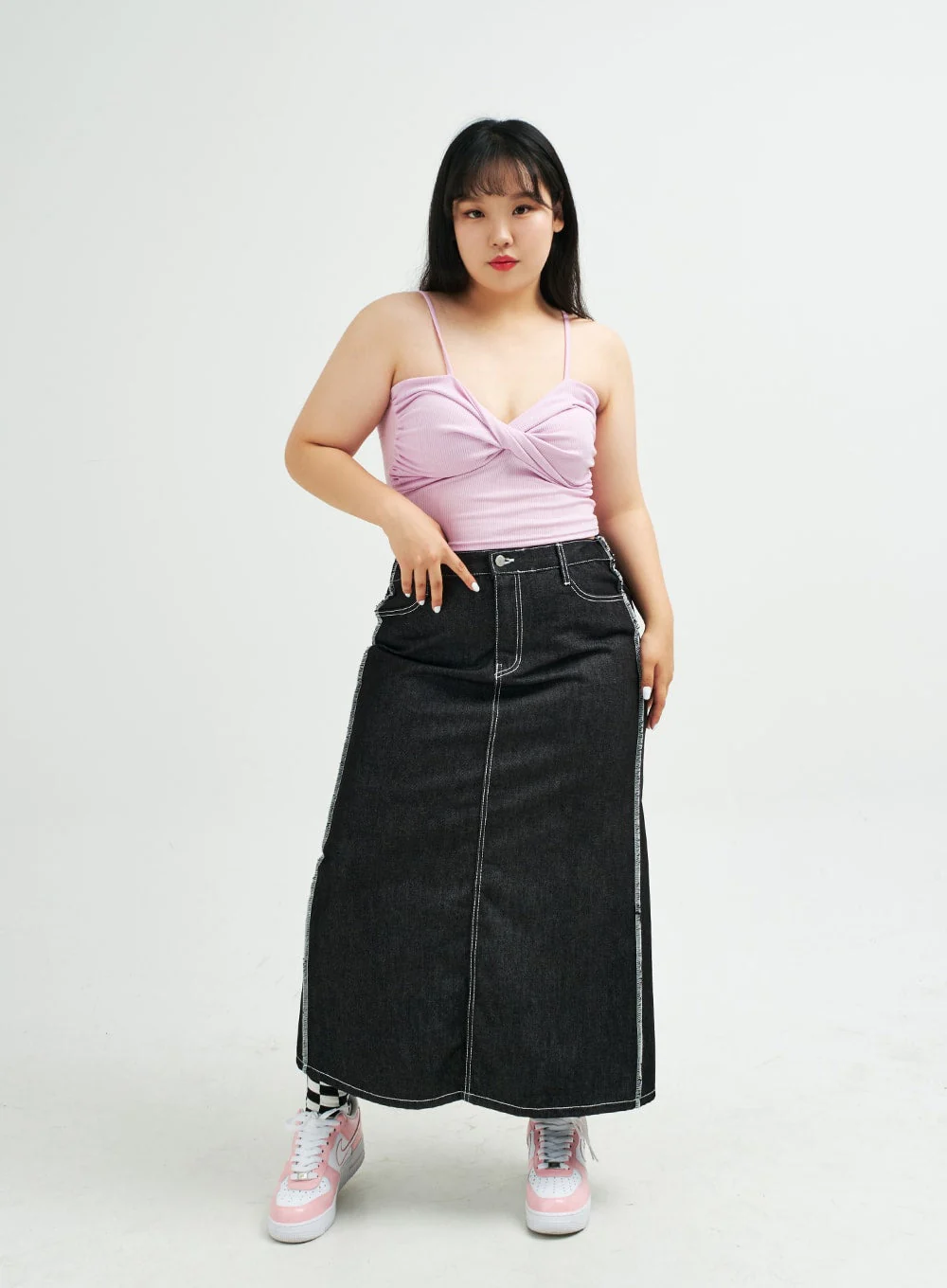 Plus Reverse Stitch Bleached Denim Maxi Skirt IY24 - Image 2