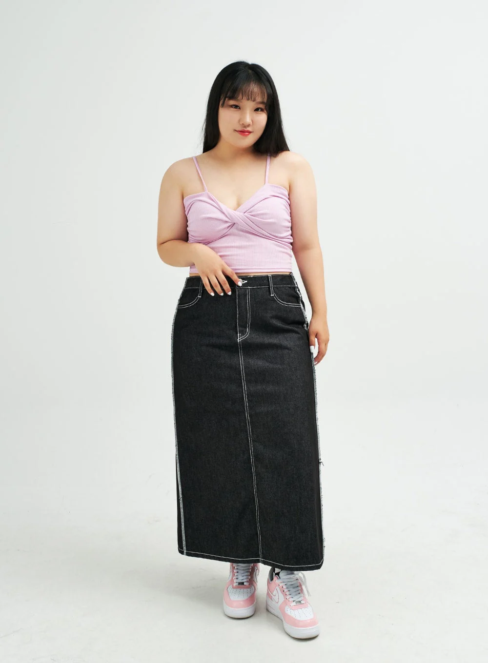 Plus Reverse Stitch Bleached Denim Maxi Skirt IY24 - Image 3