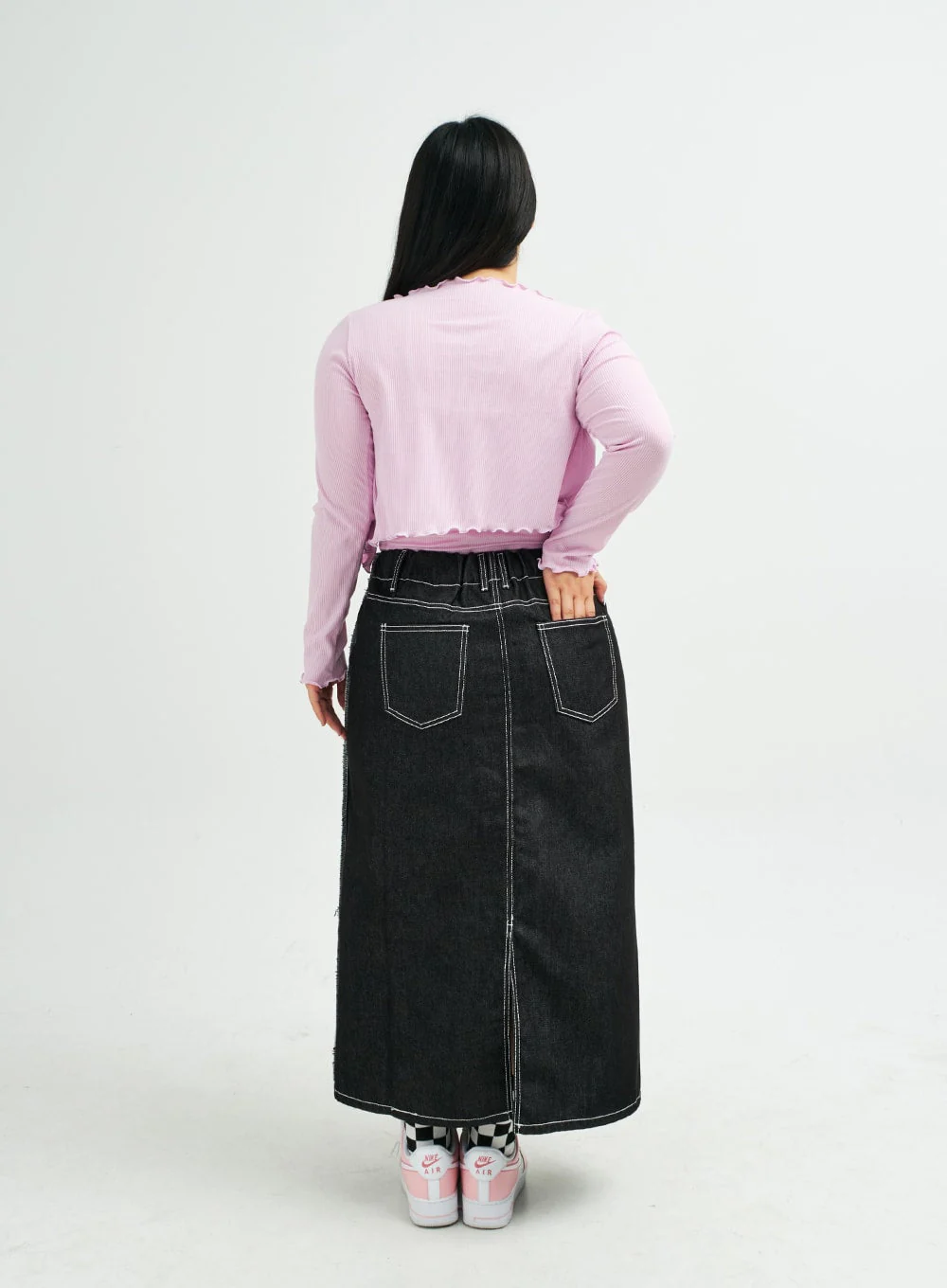 Plus Reverse Stitch Bleached Denim Maxi Skirt IY24 - Image 6