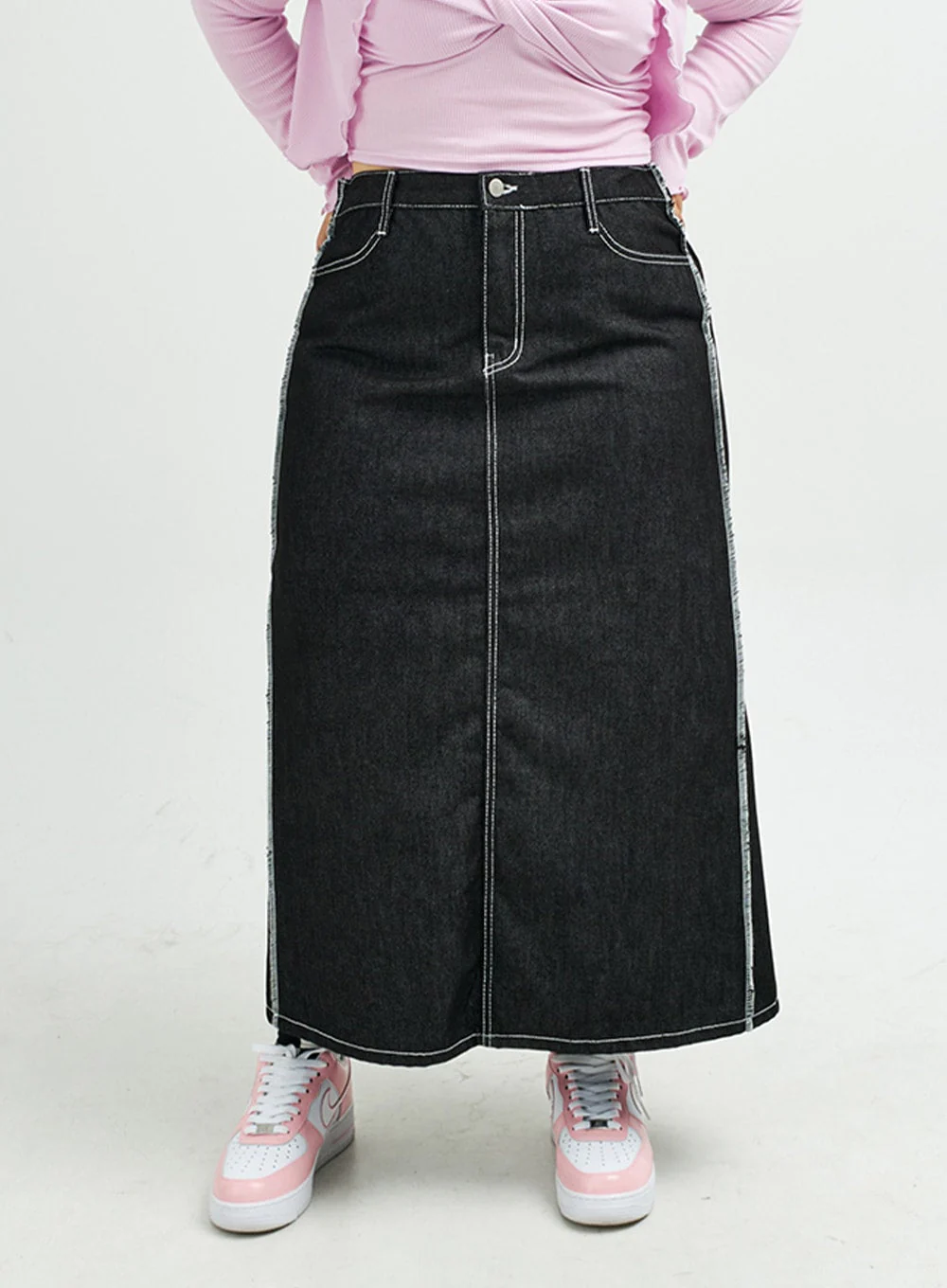 Plus Reverse Stitch Bleached Denim Maxi Skirt IY24 - Image 7
