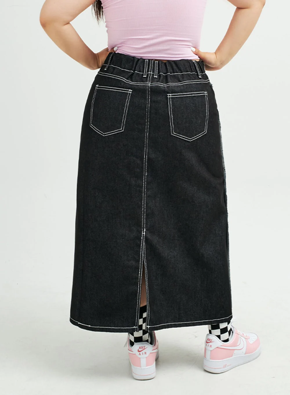 Plus Reverse Stitch Bleached Denim Maxi Skirt IY24 - Image 8