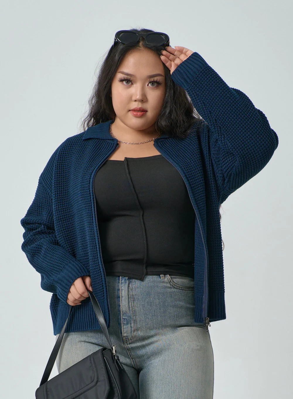 Plus Waffle Pattern Collared Two Way Zip-Up Knit - Image 8