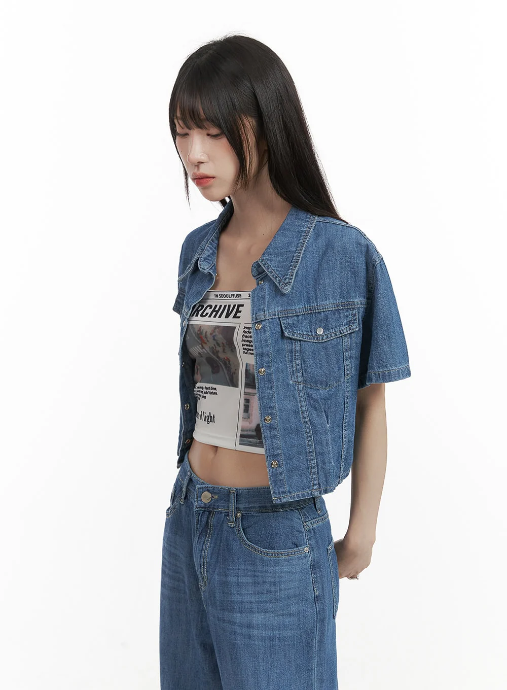 Pocketed Washed Denim Crop Shirt CY407 - Image 3
