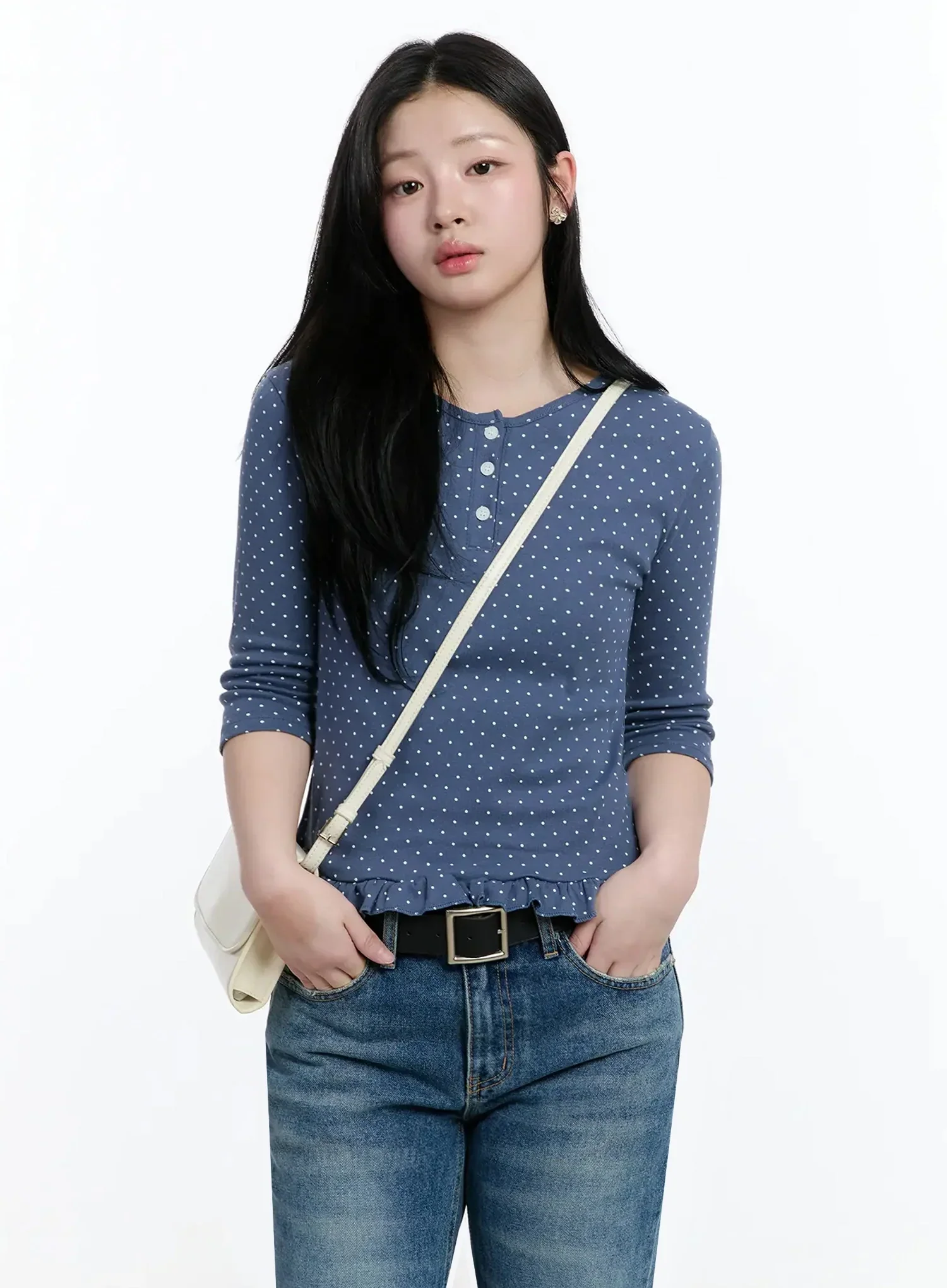 Polka Dot Frill Hem 3/4 Sleeve Top IM513