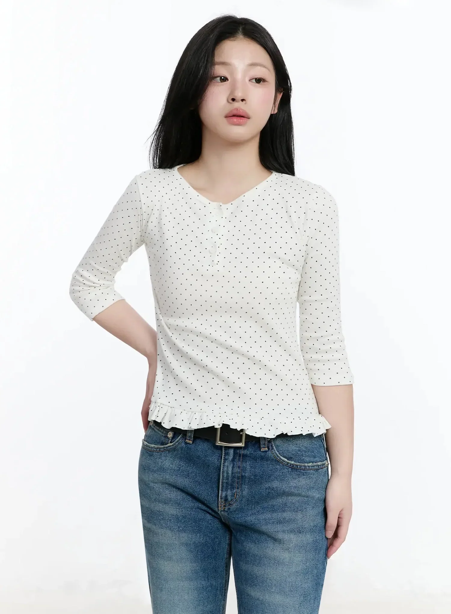 Polka Dot Frill Hem 3/4 Sleeve Top IM513 - Image 14
