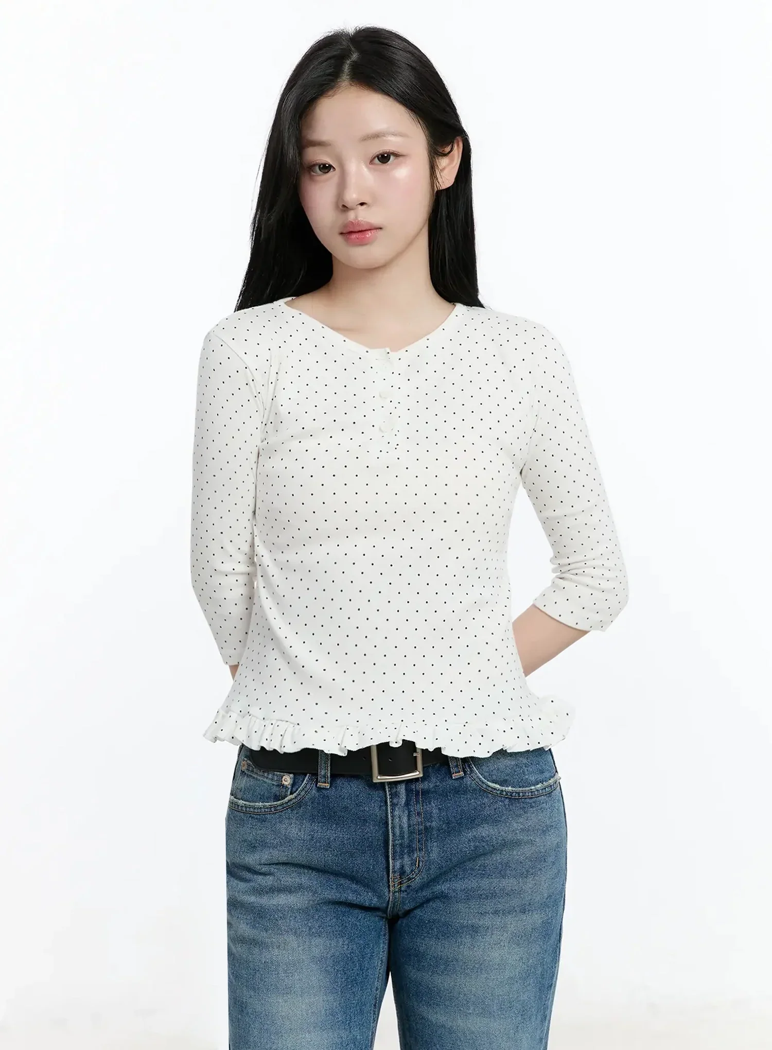 Polka Dot Frill Hem 3/4 Sleeve Top IM513 - Image 2
