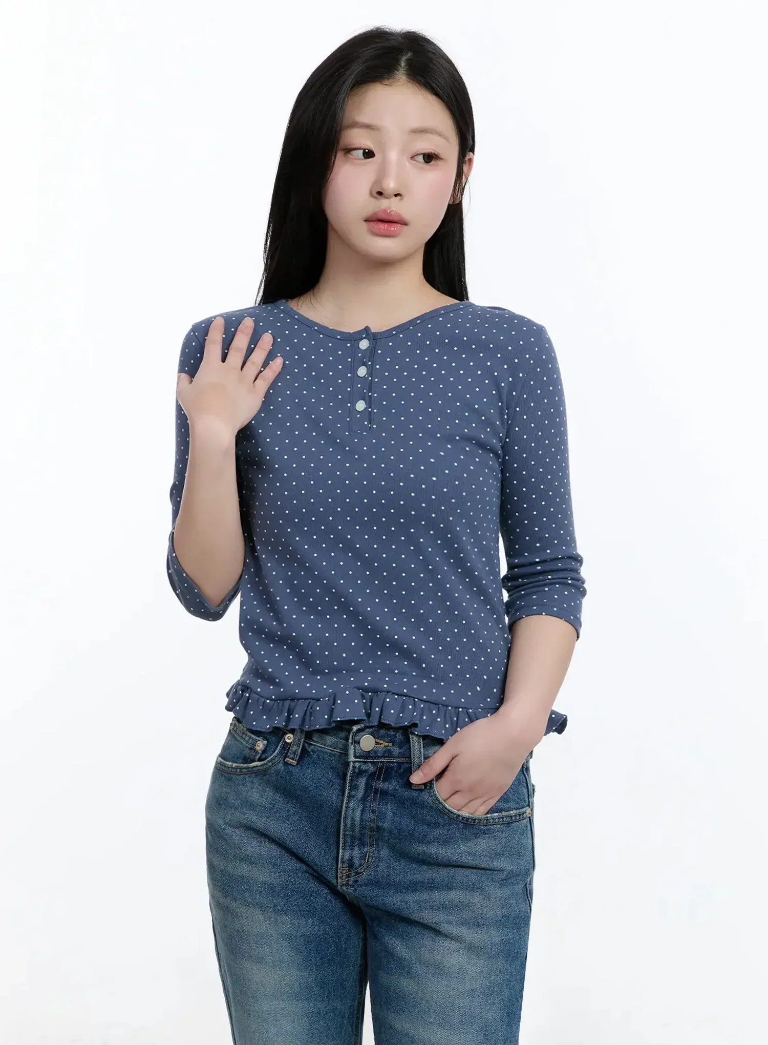 Polka Dot Frill Hem 3/4 Sleeve Top IM513 - Image 3