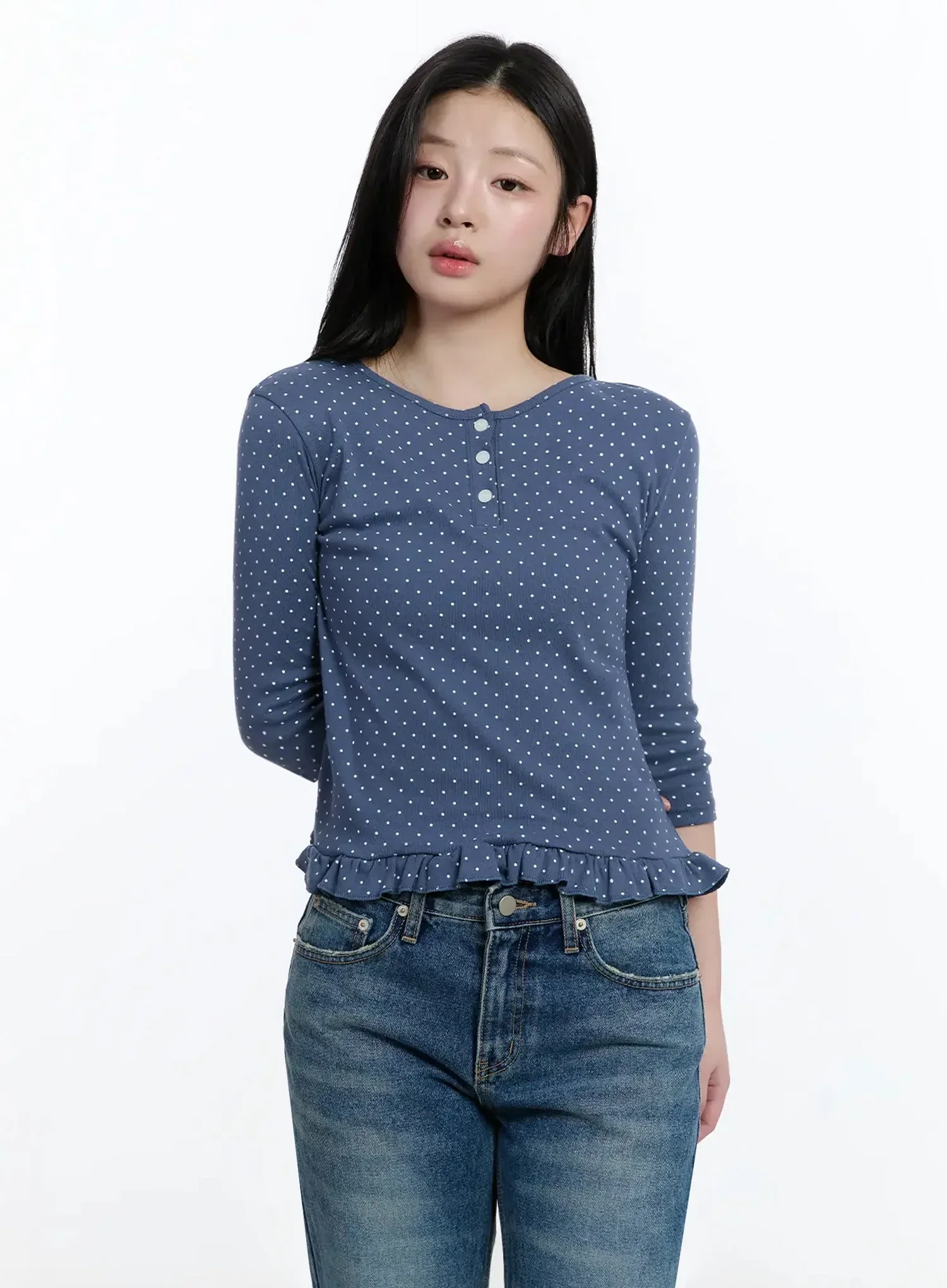 Polka Dot Frill Hem 3/4 Sleeve Top IM513 - Image 7
