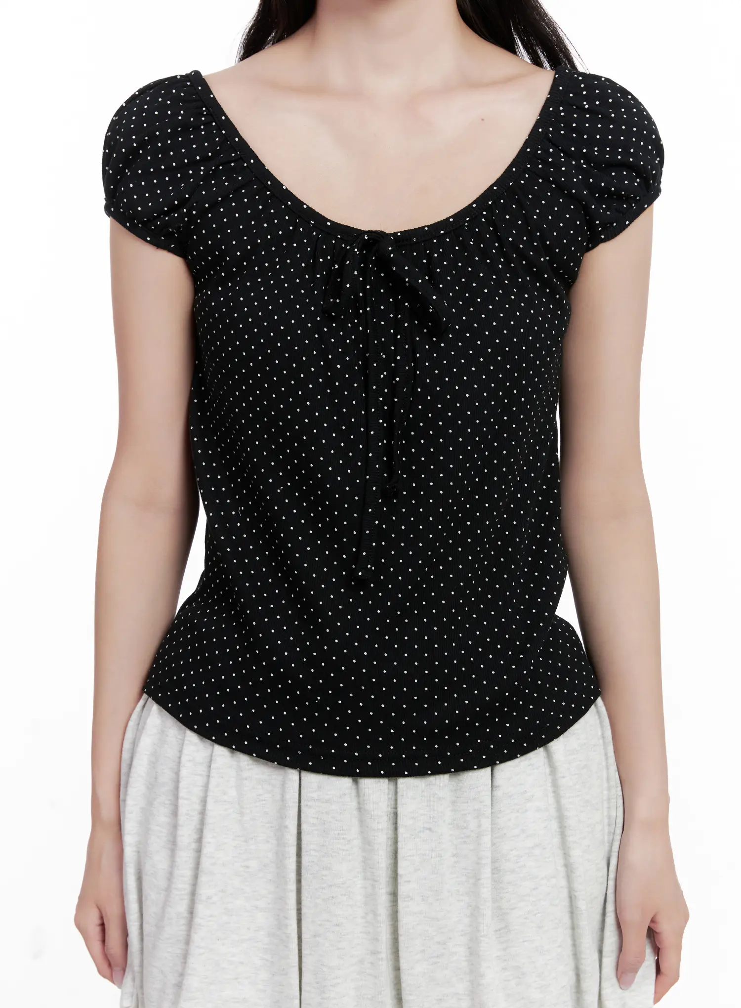 Polka Dot Puff-Sleeve Ribbon Top CL516 - Image 10
