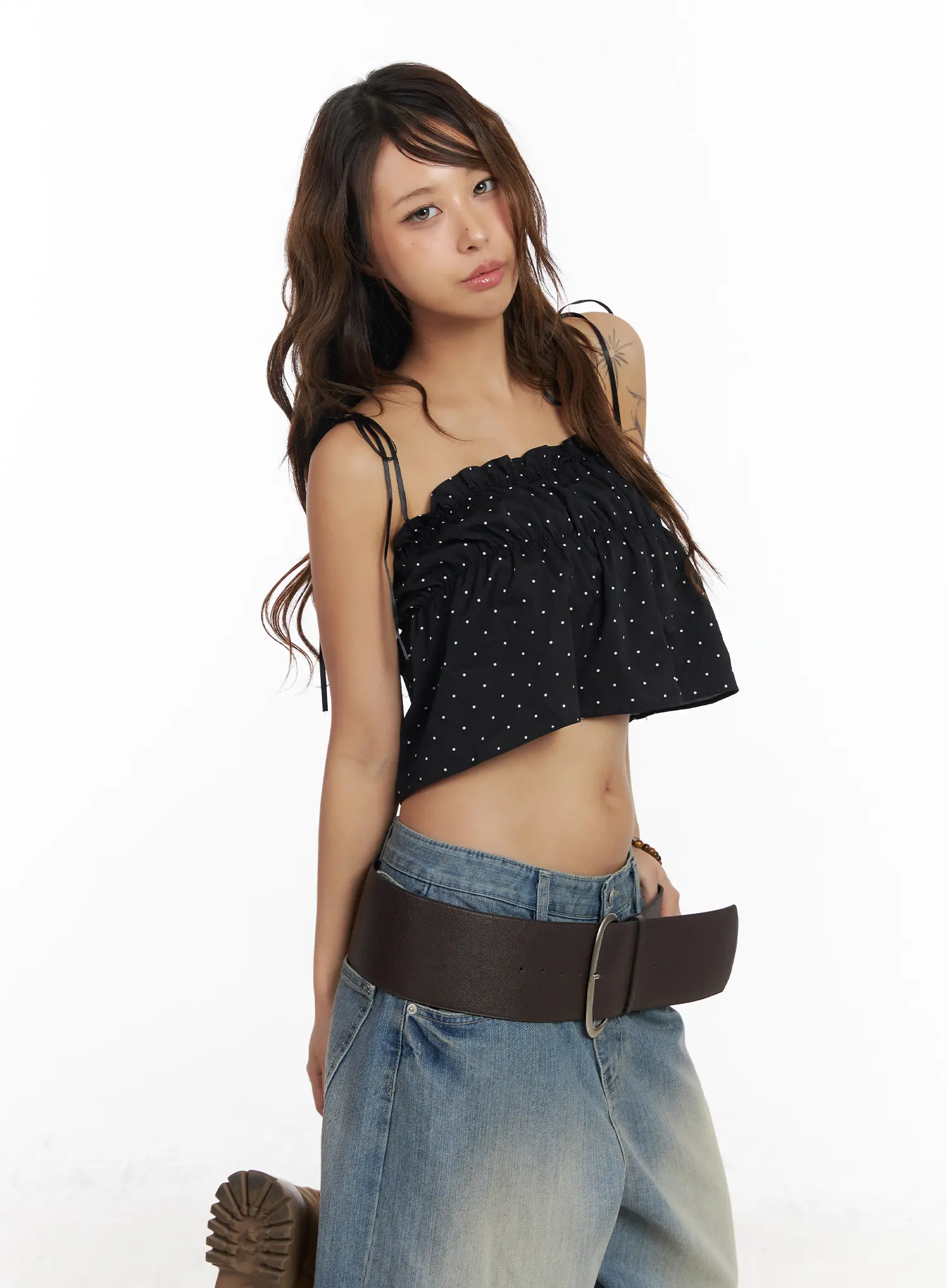 Polka Dot Shirred Ribbon Tie Cami Top CM520 - Image 2