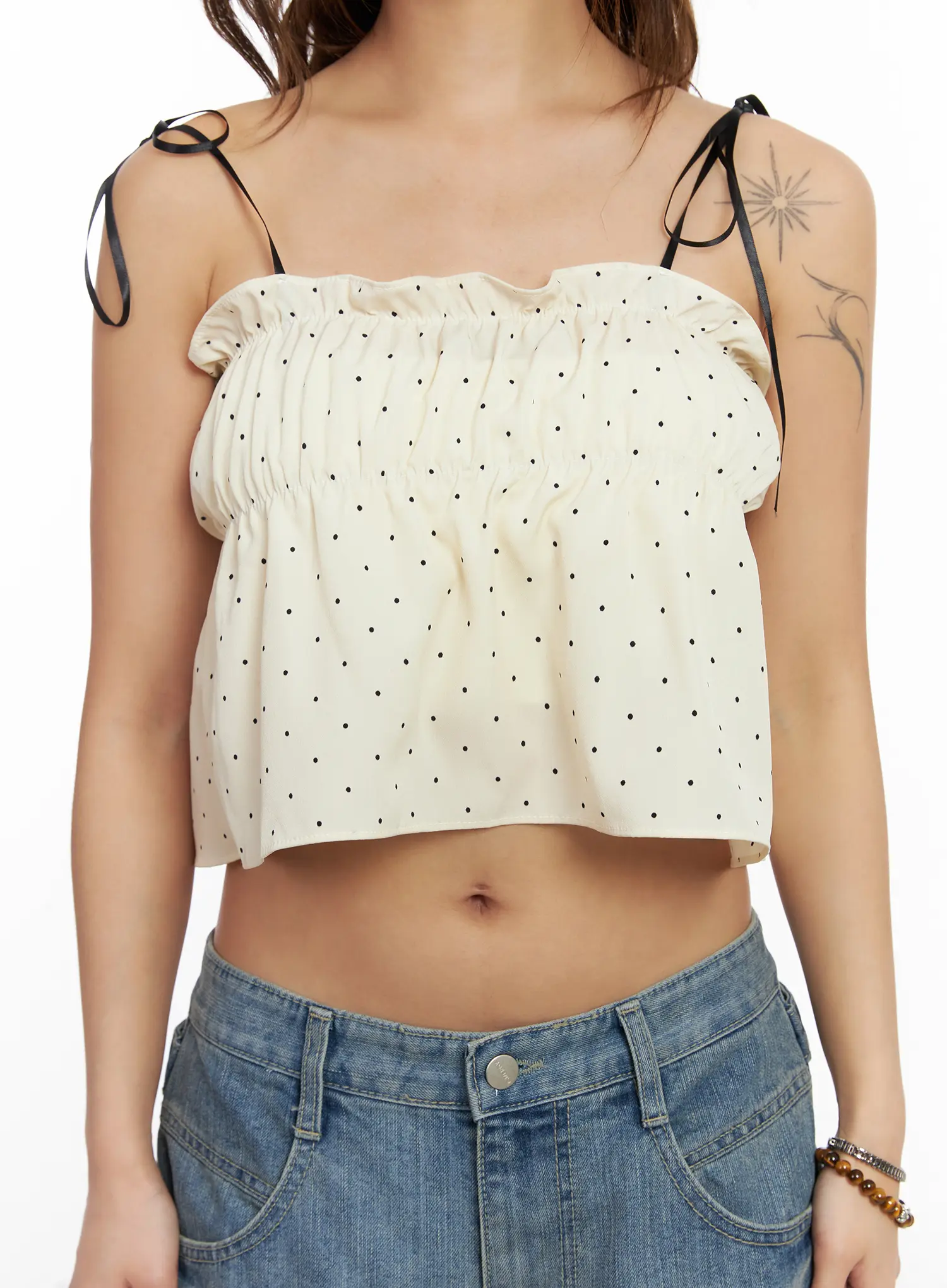 Polka Dot Shirred Ribbon Tie Cami Top CM520 - Image 4
