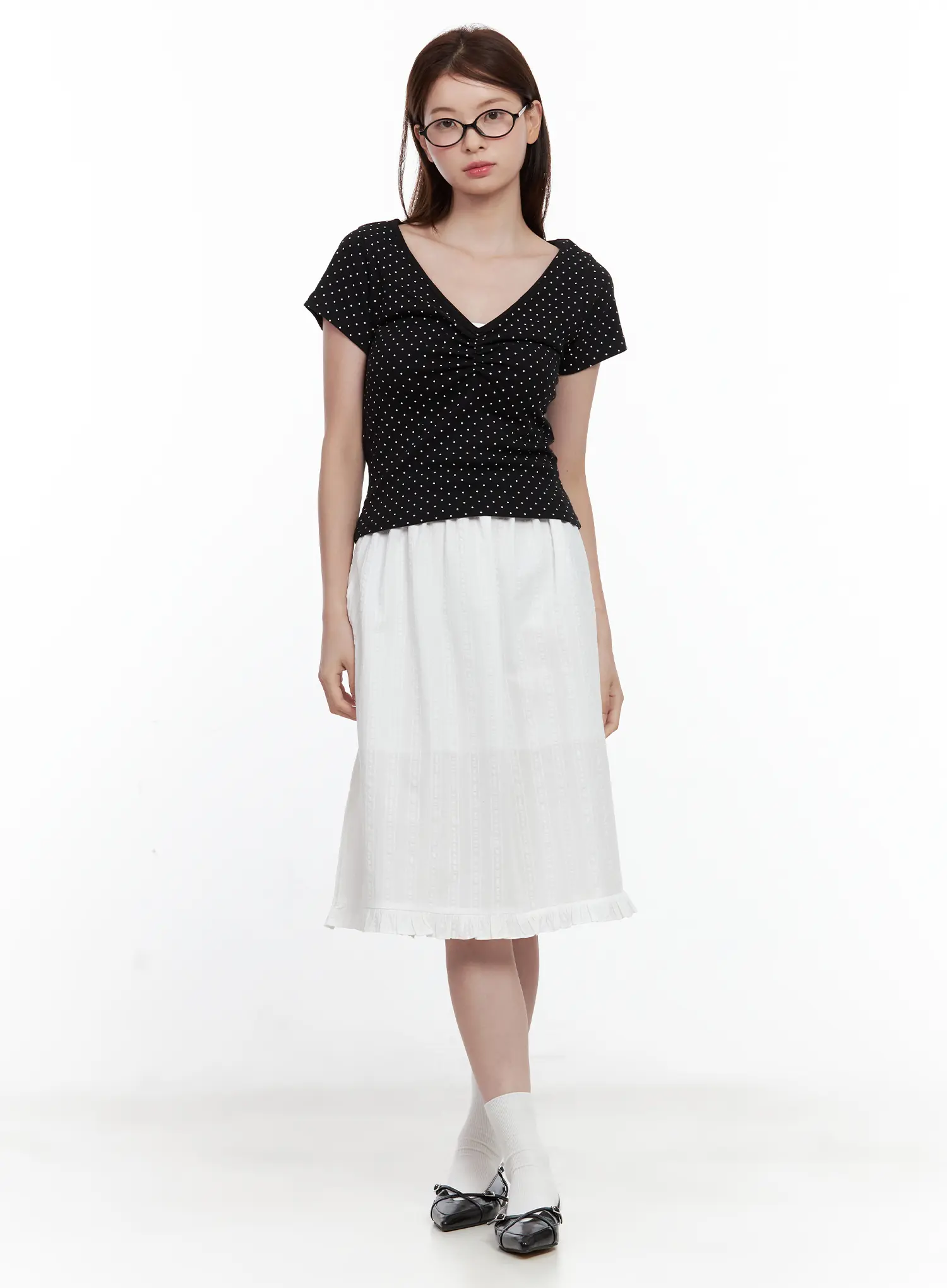 Polka Dot Shirred V-Neck Top CL502 - Image 3