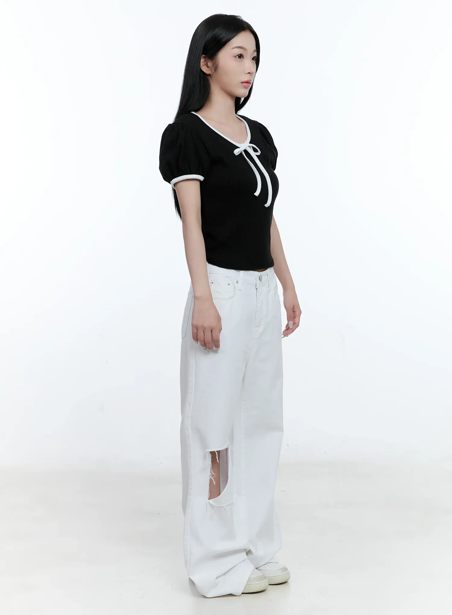 Puff-Sleeve Ribbon-Tie Top CL530 - Image 3