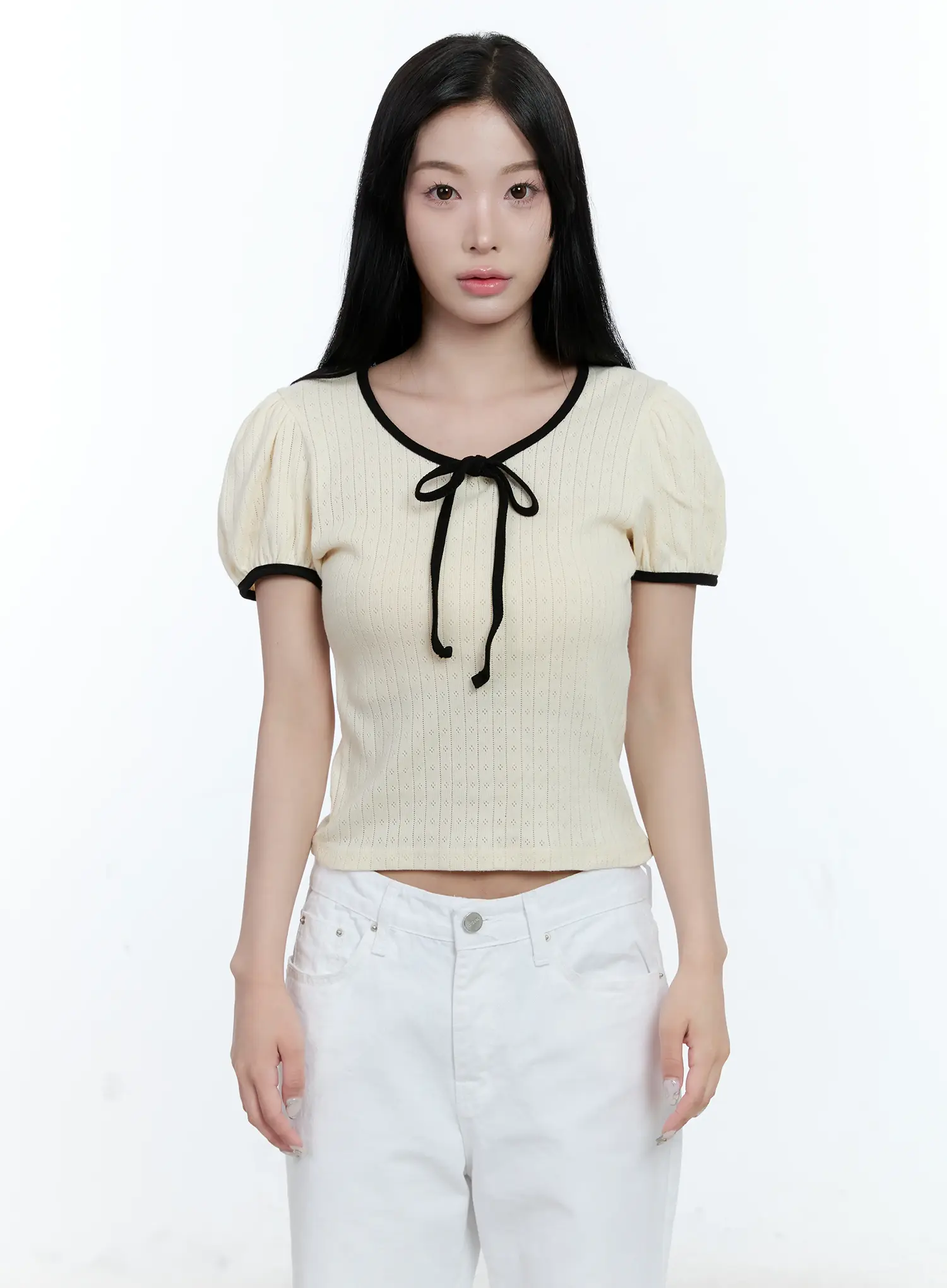 Puff-Sleeve Ribbon-Tie Top CL530 - Image 9