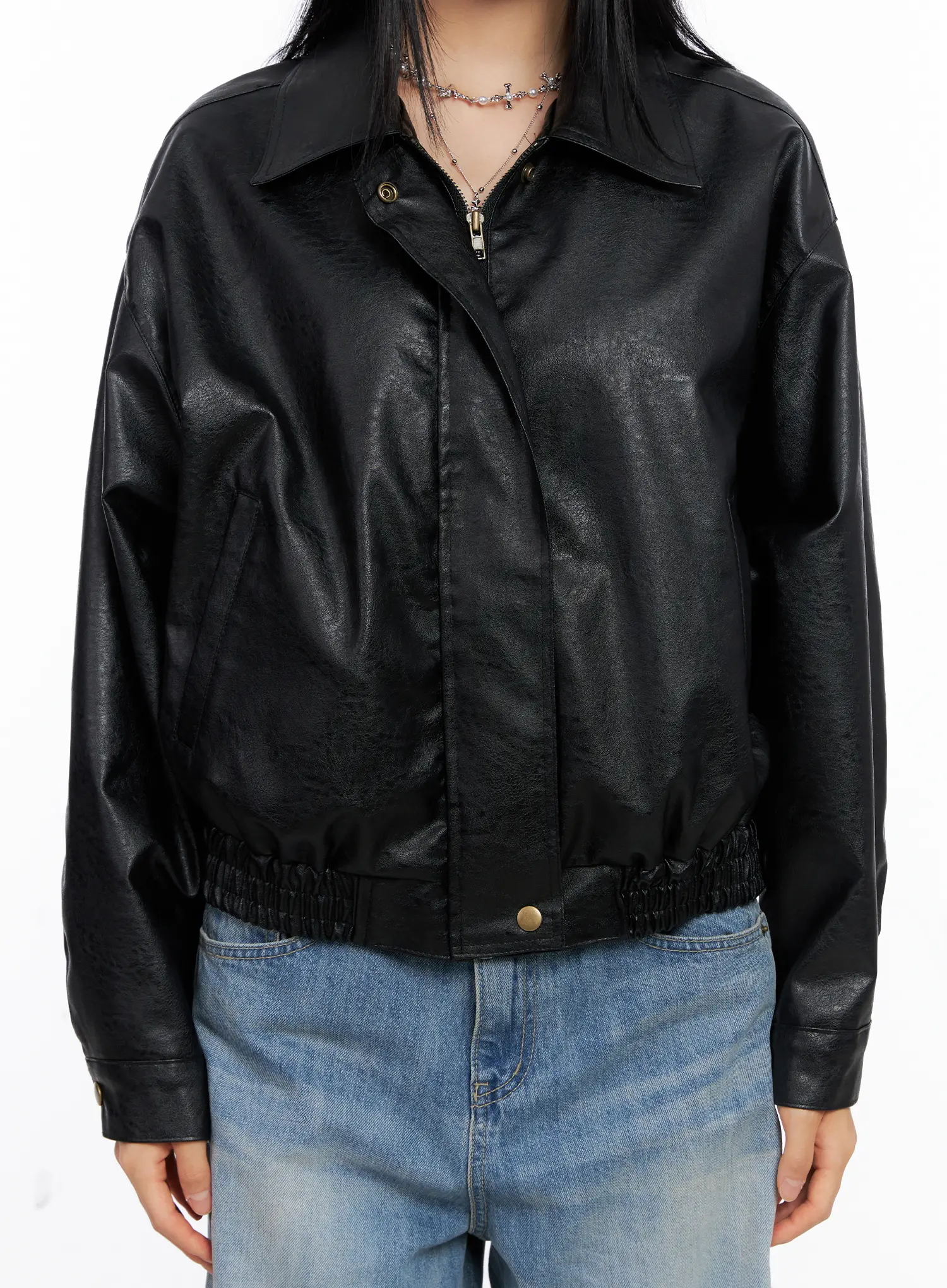Relaxed Fit Faux Leather Bomber Jacket CS511 - Image 11