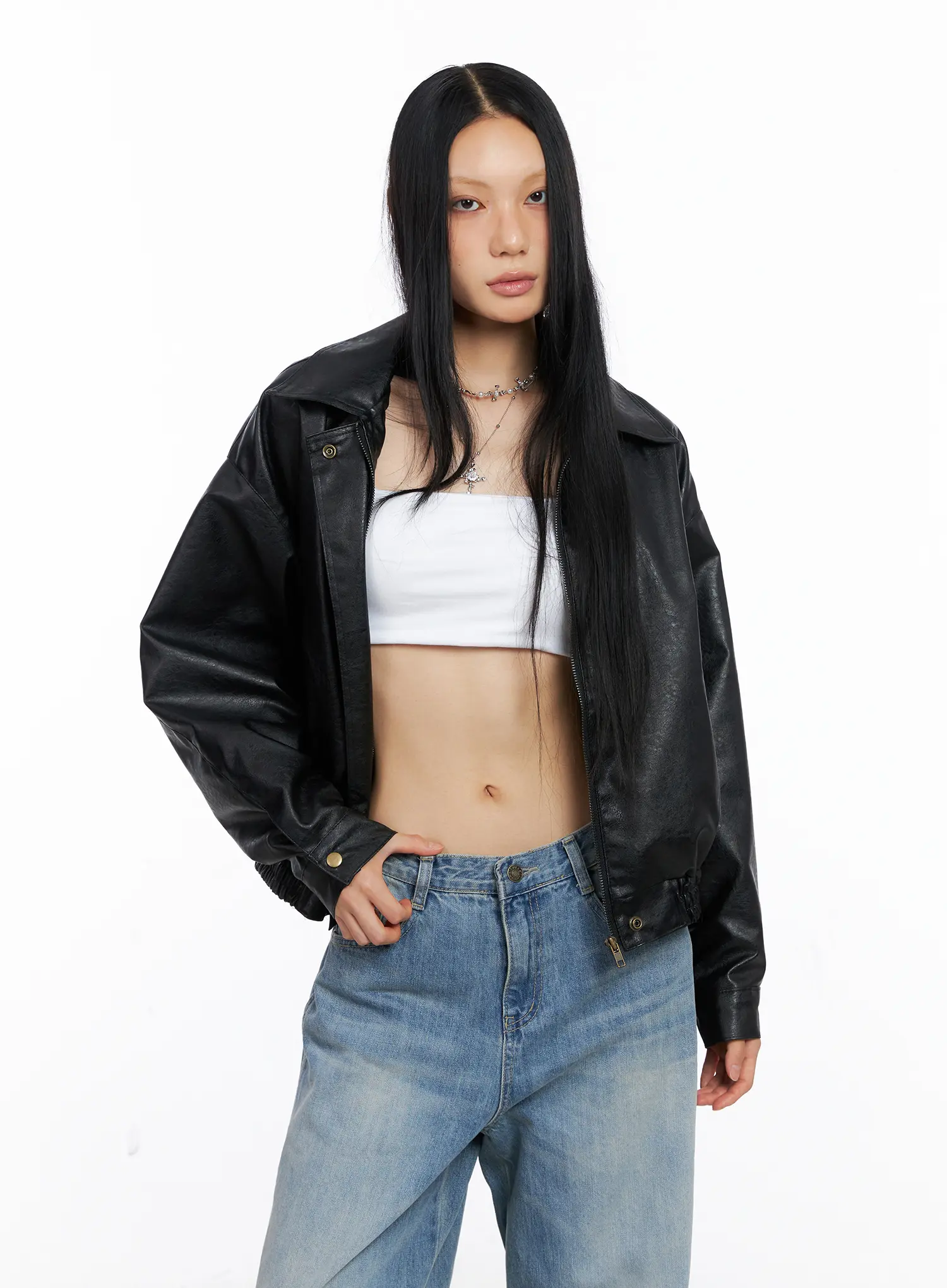Relaxed Fit Faux Leather Bomber Jacket CS511 - Image 13
