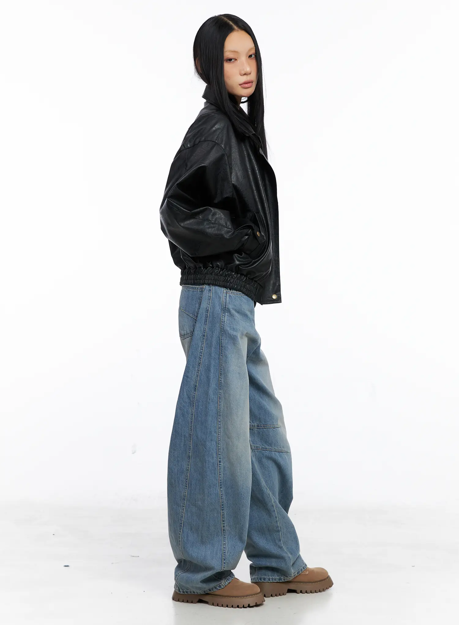 Relaxed Fit Faux Leather Bomber Jacket CS511 - Image 8