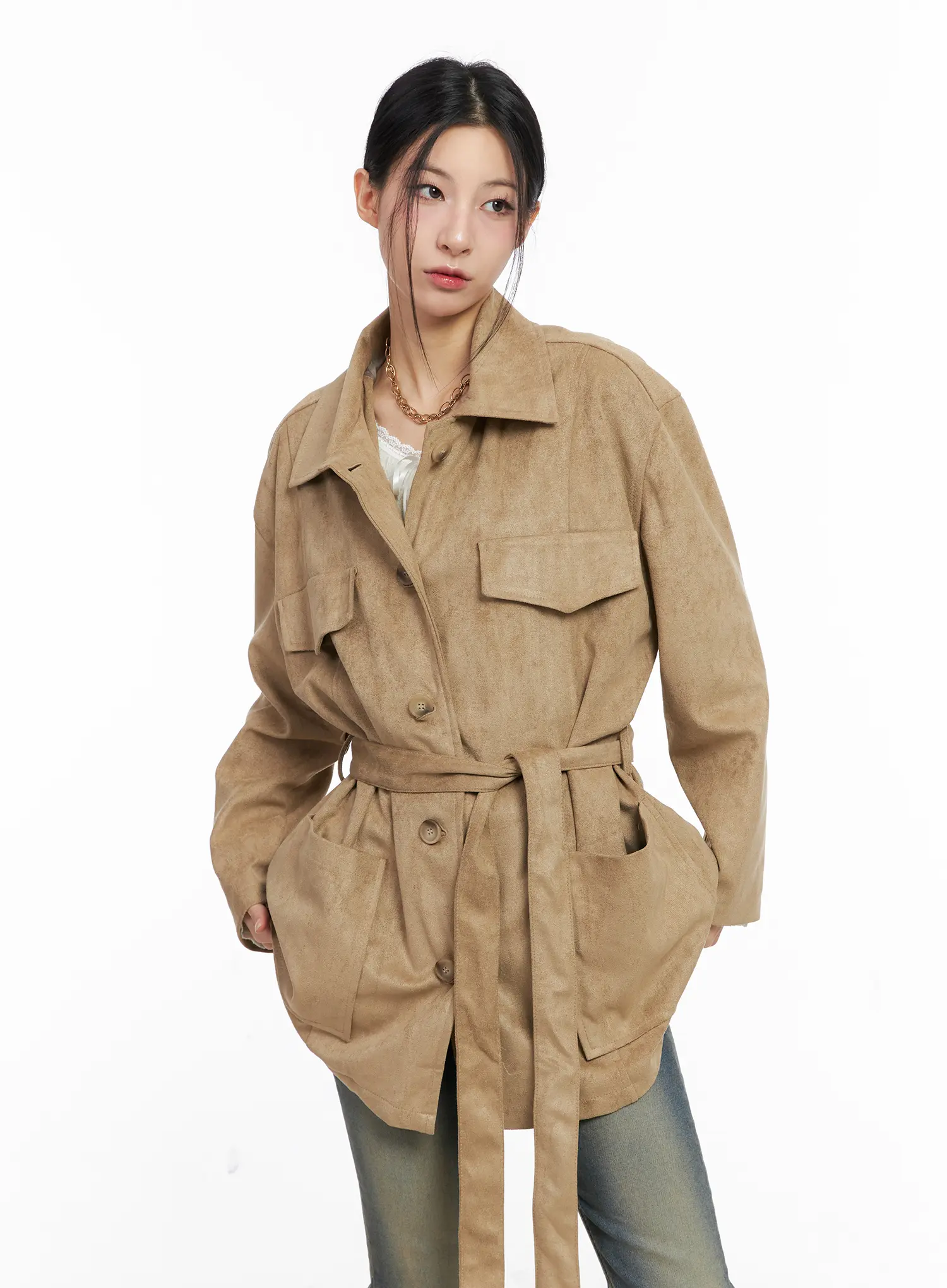 Relaxed Suede Jacket with Belt CC1109 - Image 2