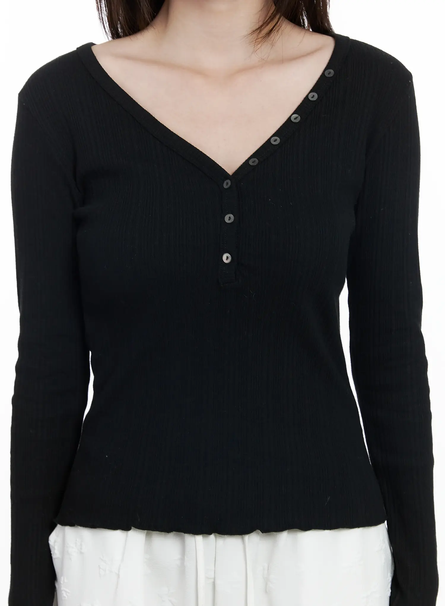 Ribbed Button V-Neck Long Sleeve Top IF525 - Image 8