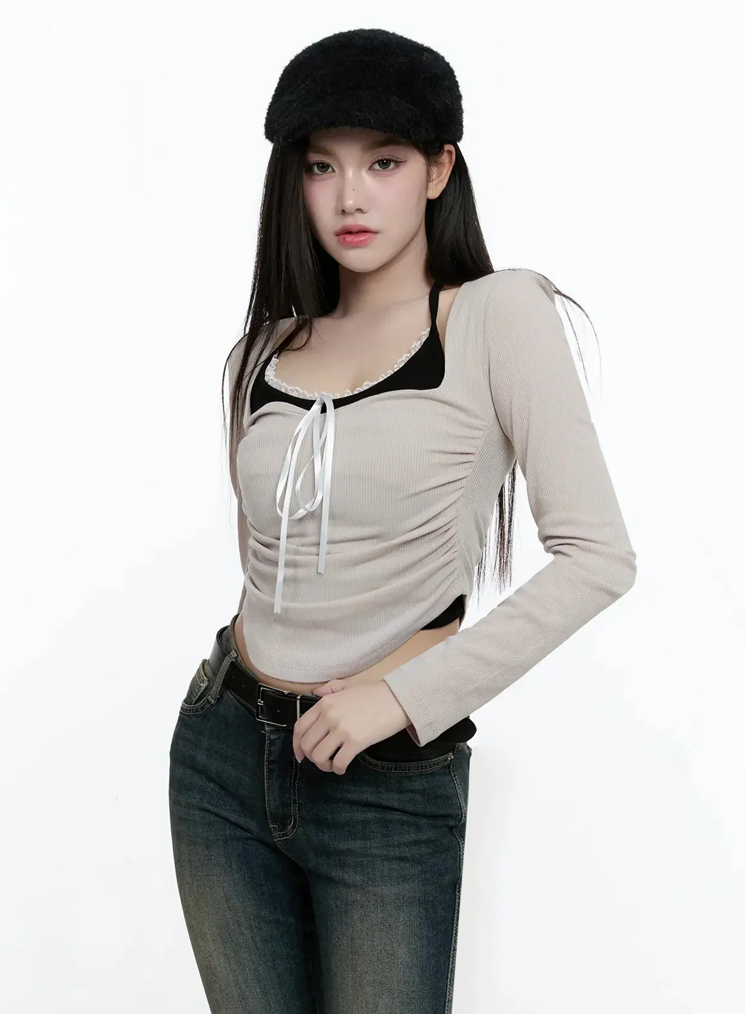 Ribbed Halterneck Shirred Long Sleeve Top IO520 - Image 4