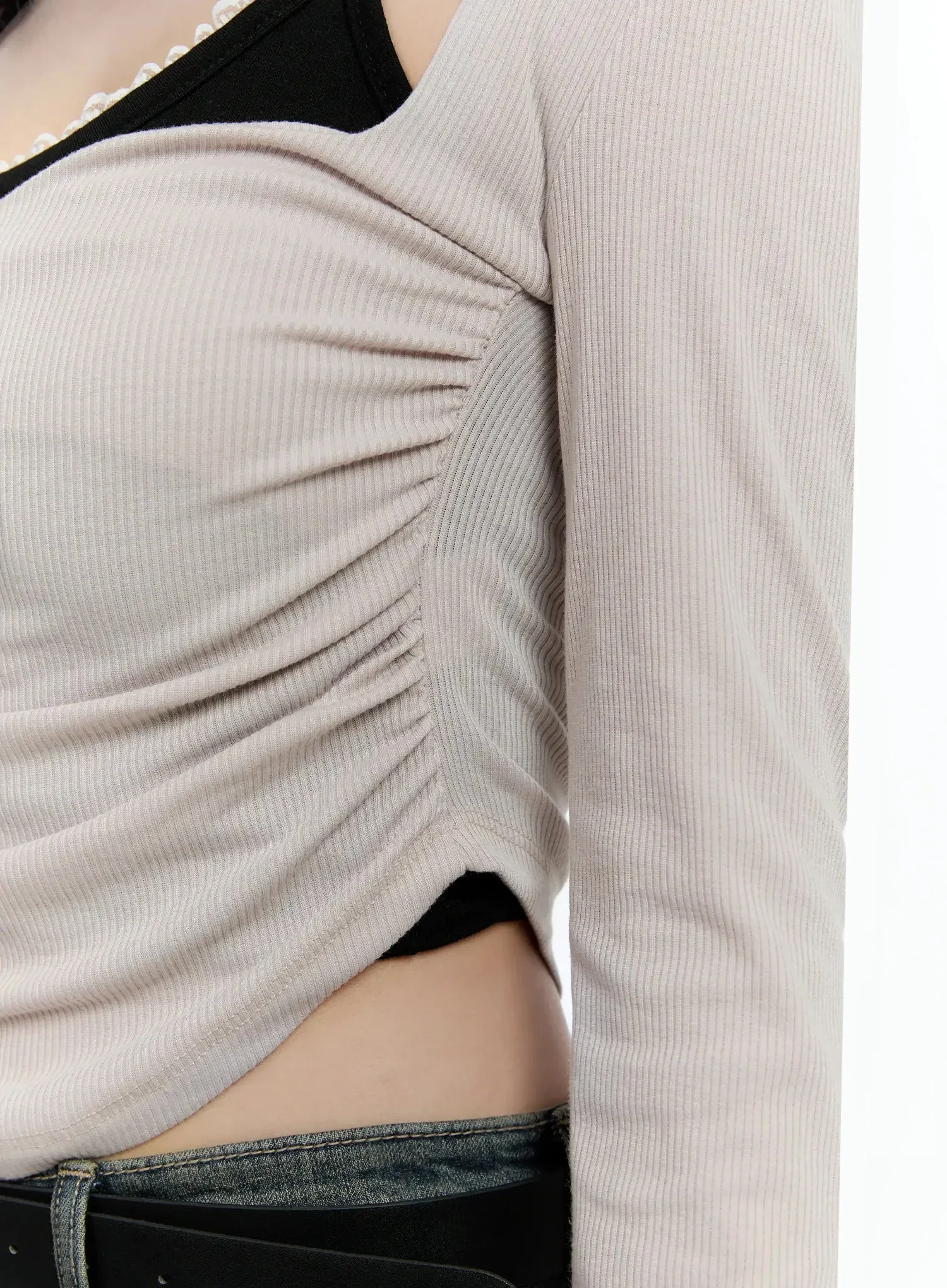 Ribbed Halterneck Shirred Long Sleeve Top IO520 - Image 7