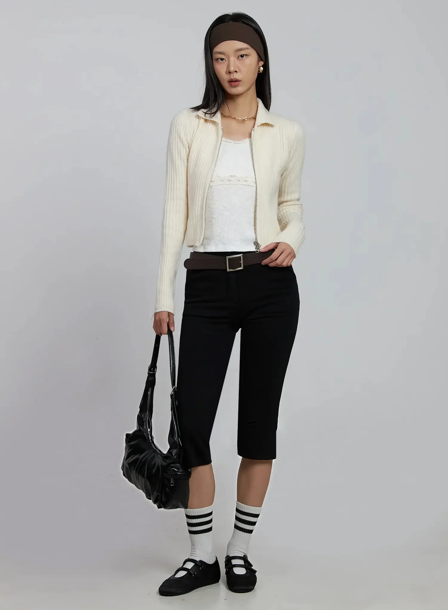 Ribbed Knit Collared Zip-Up IM520 - Image 12